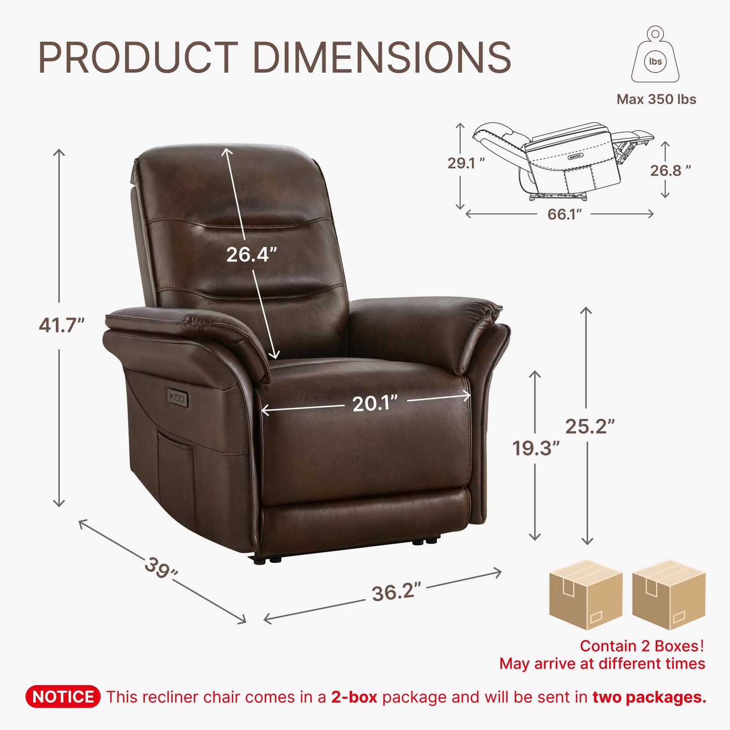 KISLOT Power Recliner Chair with Adjustable Headrest and Footrest, Dual Motor Leather Reclining Chair with USB/Type-C Charging, Zero Gravity Modern Electric Recliner for Adults Living Room Bedroom