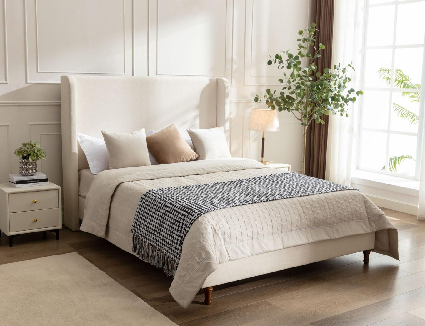 KEIKI Boucle California King Size Bed Frame, 54" Tall Headboard Upholstered Platform BedFrame with Wingback, Elegant Simplicity, No Box Spring Needed, Solid Oak Wood Feet, Ivory