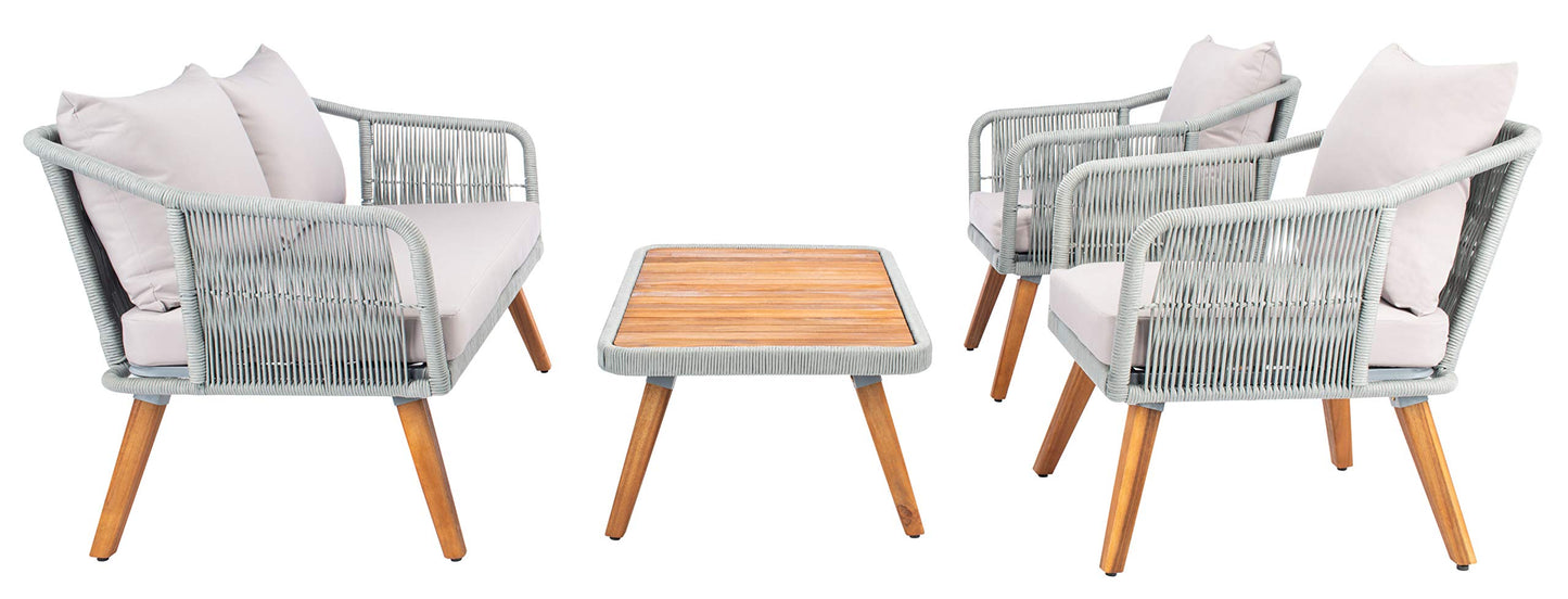 SAFAVIEH Outdoor - Raldin Grey Rope 4-Piece Patio Set, Eucalyptus Wood Conversation Set with Cushions, Outdoor Sofa, Chairs & Coffee Table (PAT7049C)