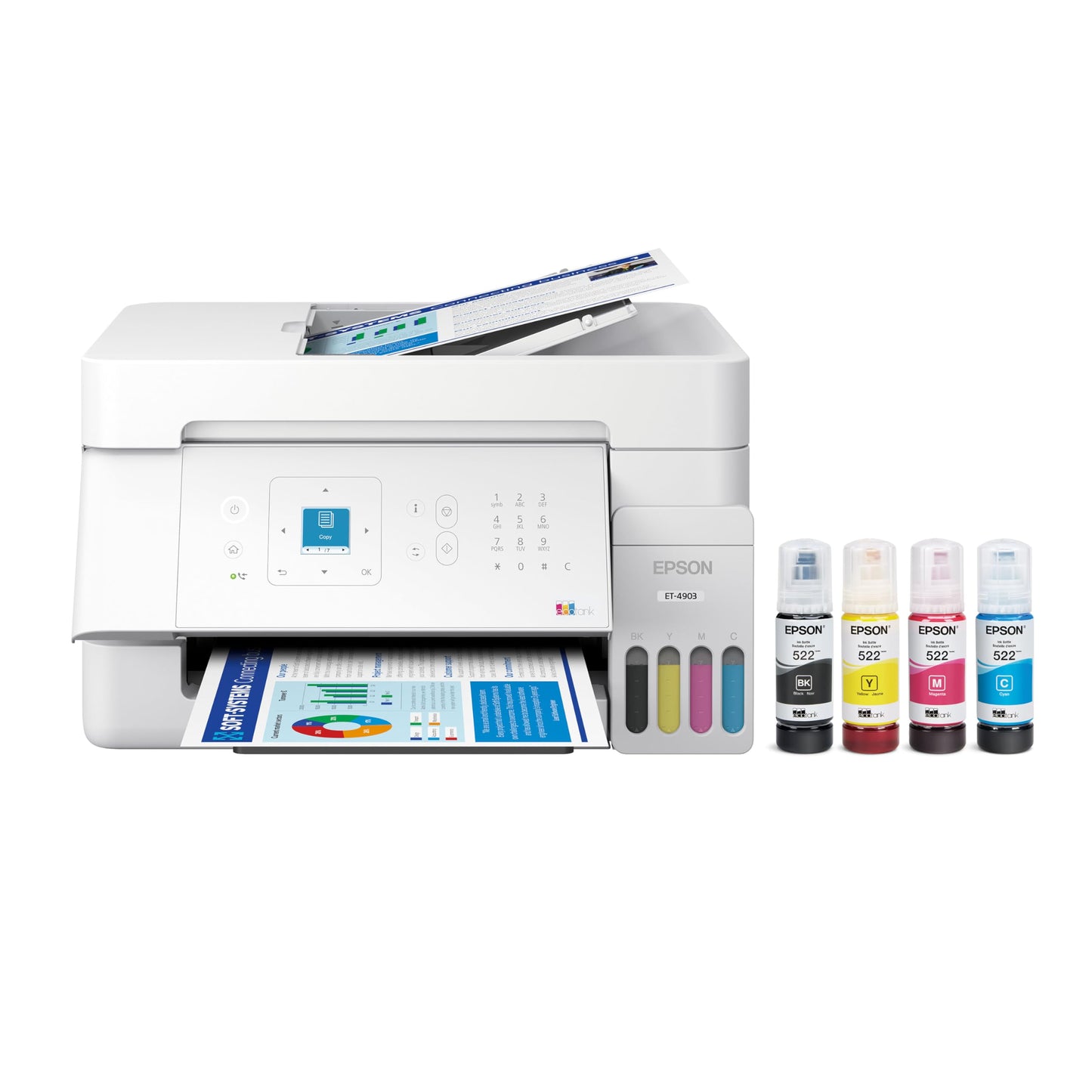 Epson EcoTank ET-4903 Wireless All-in-One Color Supertank Printer with up to 3 Years of Ink, Refillable Tanks, Perfect for Home Office, 11 PPM, 1.44" Color Screen, Built-in Scanner, Fax, ADF – White