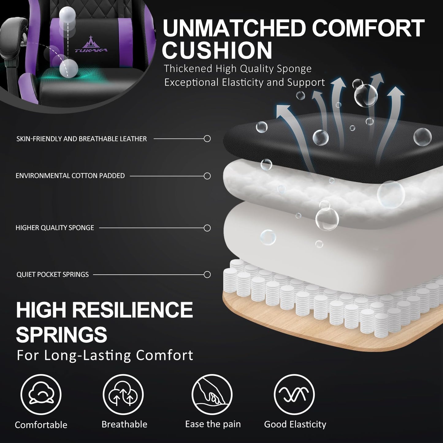 TUKAKA Gaming Chair,Ergonomic Massage Computer Office Desk Chair with Footrest,Pocket Spring Cushion,Reclining Leather Adjustable Gamer Chair with Headrest and Lumbar Support,Purple