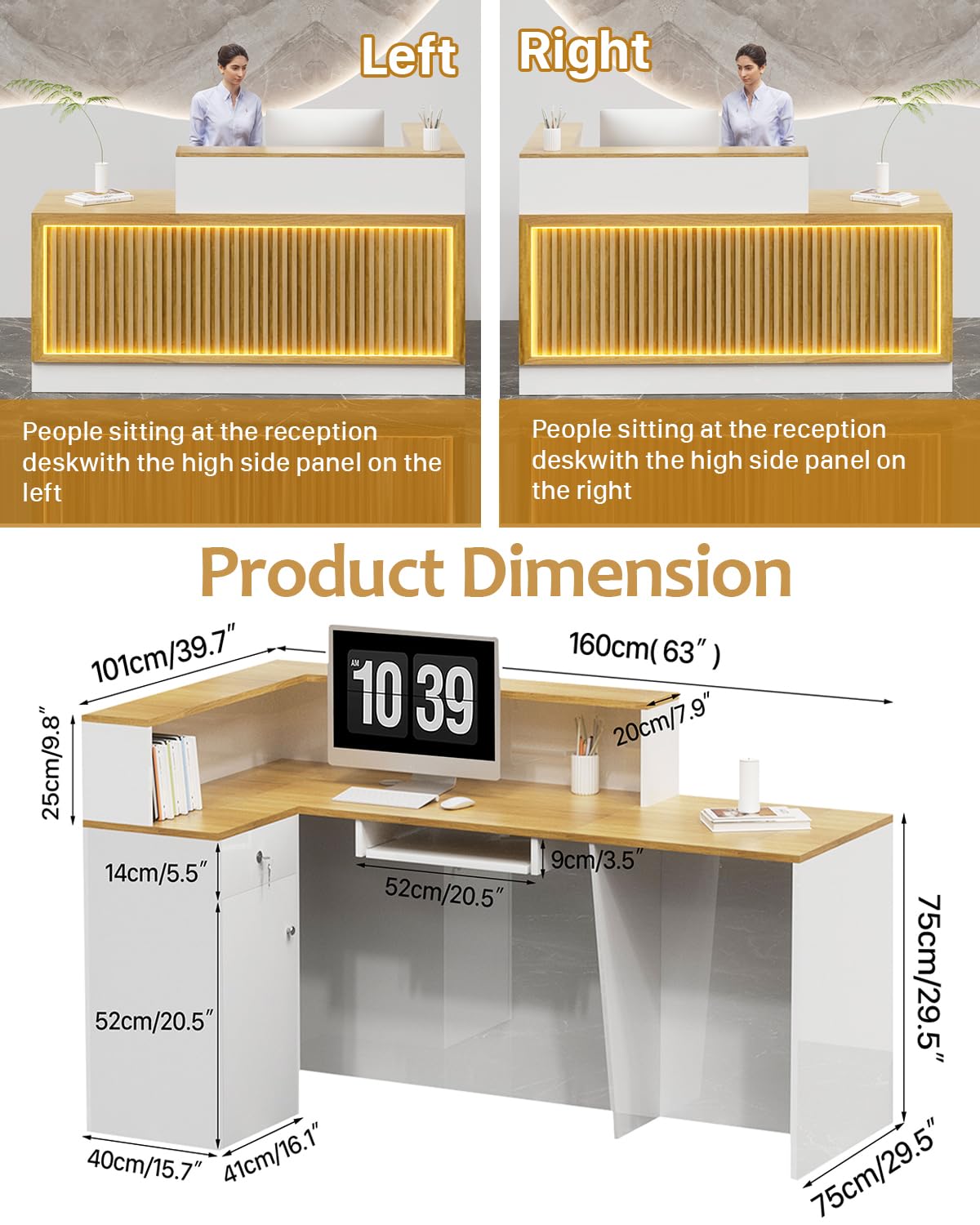 L-Shaped Reception Desk with Counter, 63" Solid Wood Modern Reception Counter with Lockable Drawers and Storage, Wood and White Front Desk for Checkout, Home Office, Beauty Salon (A-Lift, 63in)