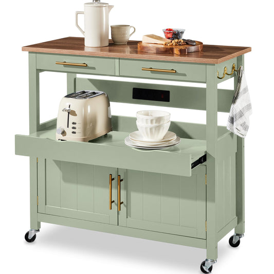 Best Choice Products 36in Large Rolling Kitchen Island Cart, 2-Door Cabinet, 2 Drawers, Pull-Out Shelf, Power Outlet, Hooks, & Swivel Lockable Wheels - Pistachio Green