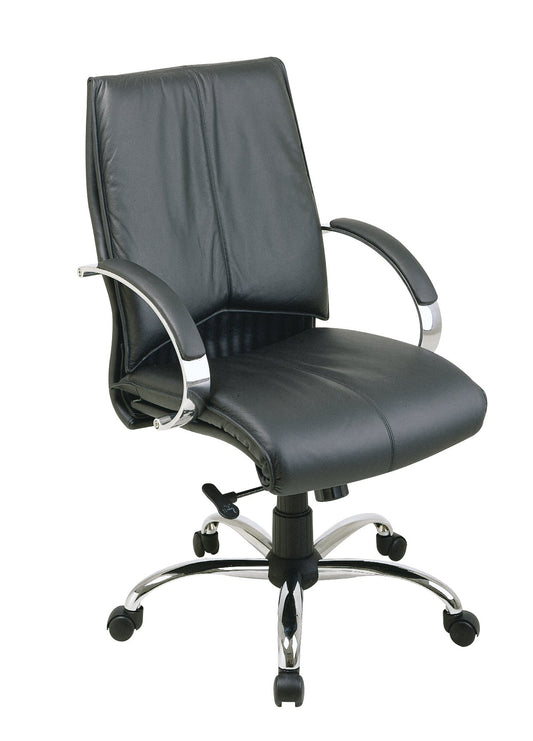 Office Star 8200 Series Deluxe Mid Back Executive Leather Office Chair with Chrome Base and Padded Loop Arms, Black