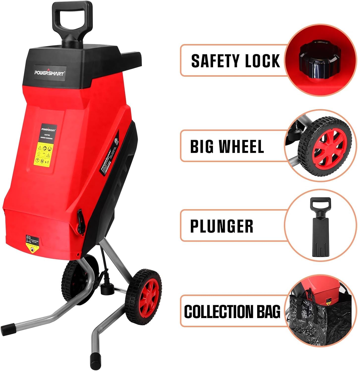PowerSmart 120V 15A Corded Electric Wood Chipper, Shredders with 45mm Branch Capacity, Collection Bag for Garden