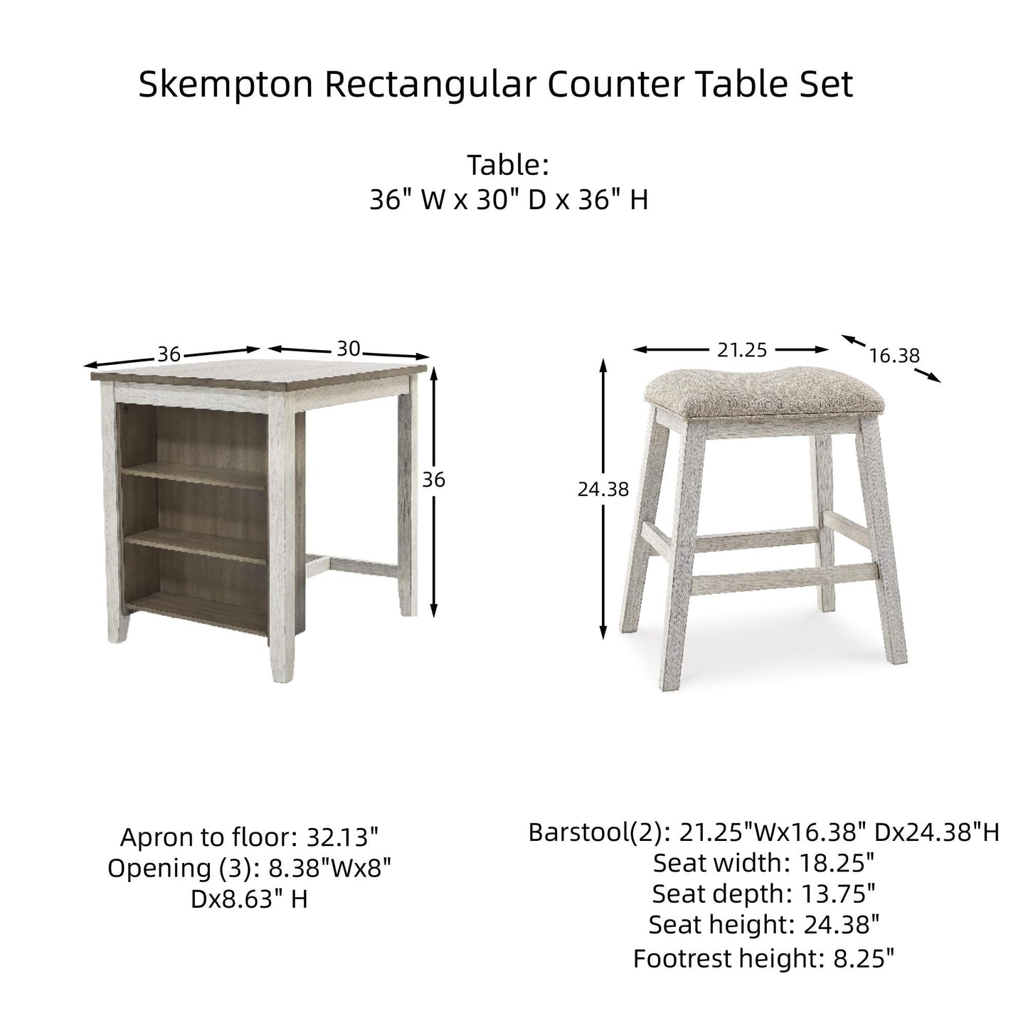 Signature Design by Ashley Skempton 3 Piece Counter Height Dining Set, Includes Table and 2 Barstools, Cushioned Seats, Wood, Whitewash
