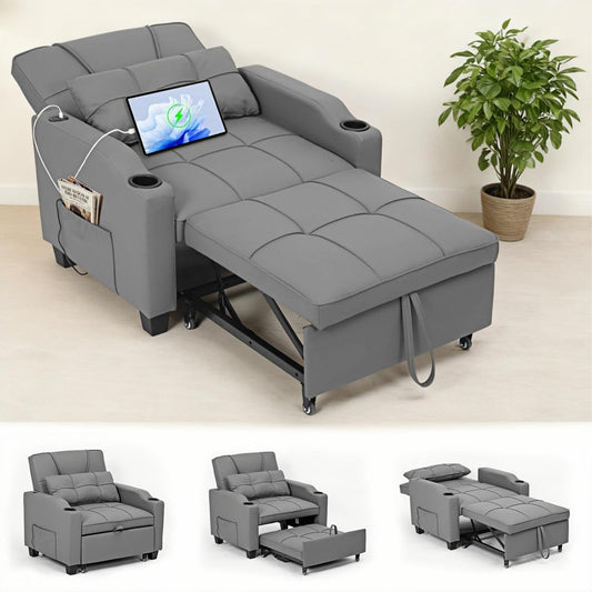 Sleeper Chair Pull Out Bed, 4 in 1 Convertible Sofa Chair Bed with Vibration Massage Lumbar Pillow, Single Sofa Recliner with USB/Type-C Port, Cup Holders and Side Pocket for Small Spaces (Grey)