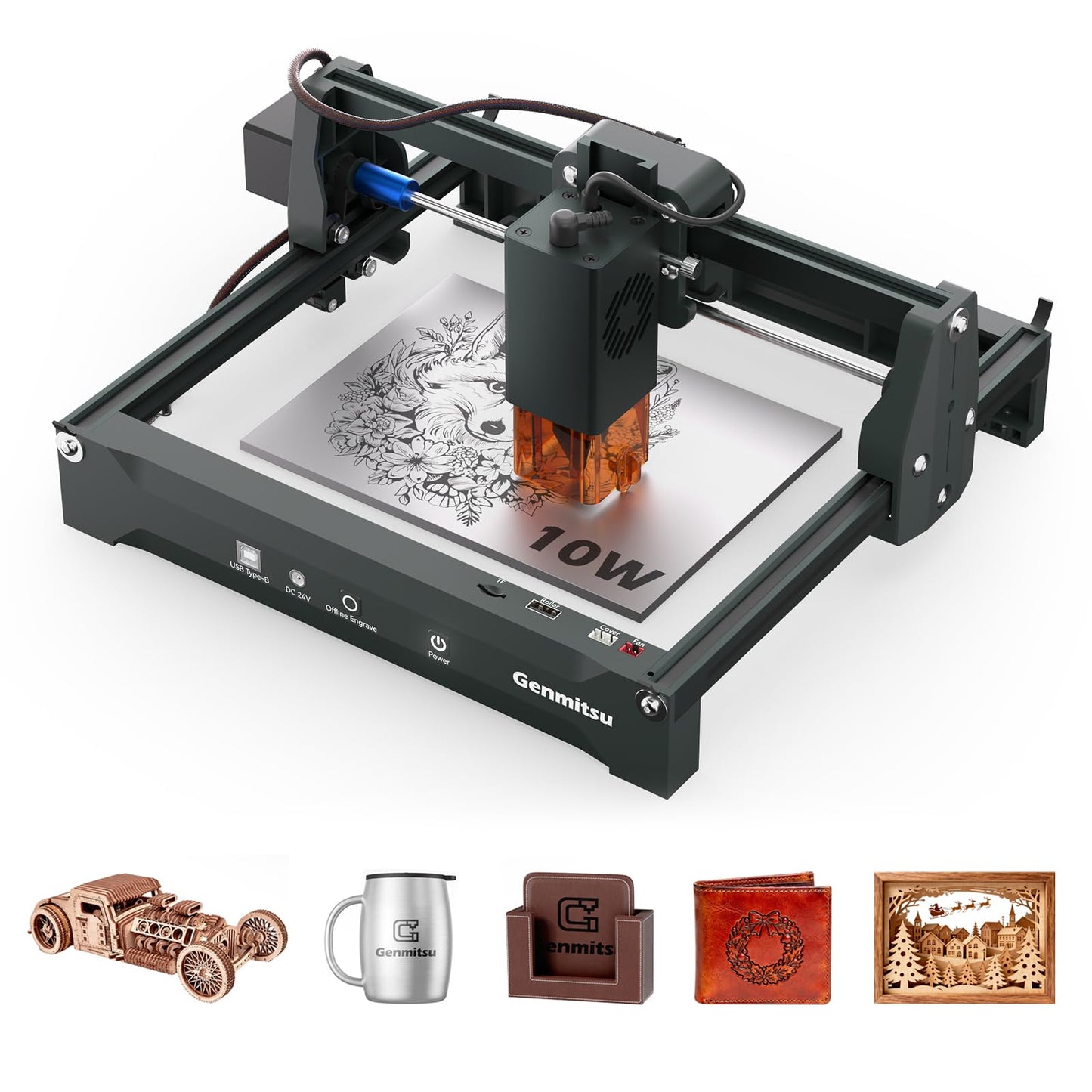 Genmitsu Laser Engraver Kortek 10W 10000mW, Desktop Laser Cutter, Wireless APP Support, ±0.01mm High Precision, Portable Laser Engraving Machine for DIY Wood Acrylic Leather Metal Fiber, Safety Class1
