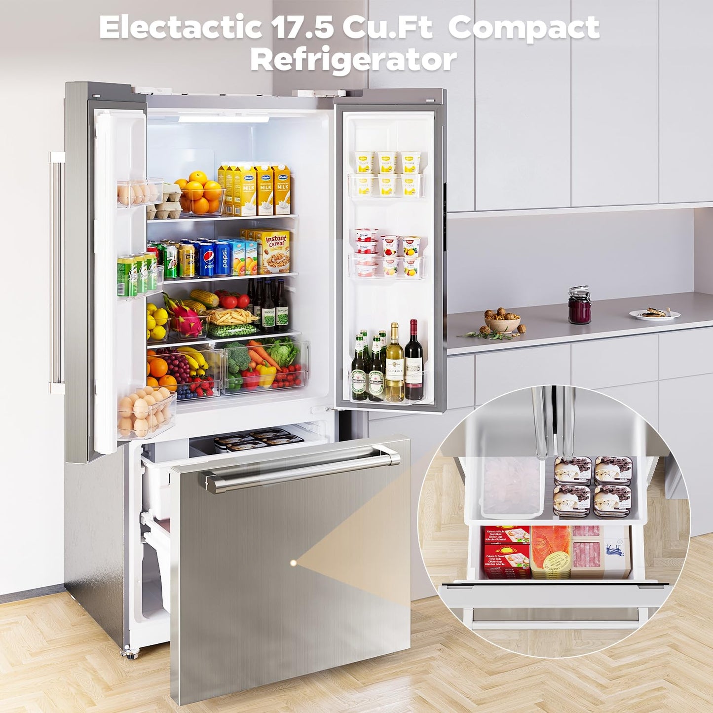 Electactic 17.5 Cu.Ft Compact Refrigerator with Ice maker, Powerful Cooling, Quiet Operation, LED Light, Door Alarm, Suitable for Home, Dorm and Office,Stainless Steel