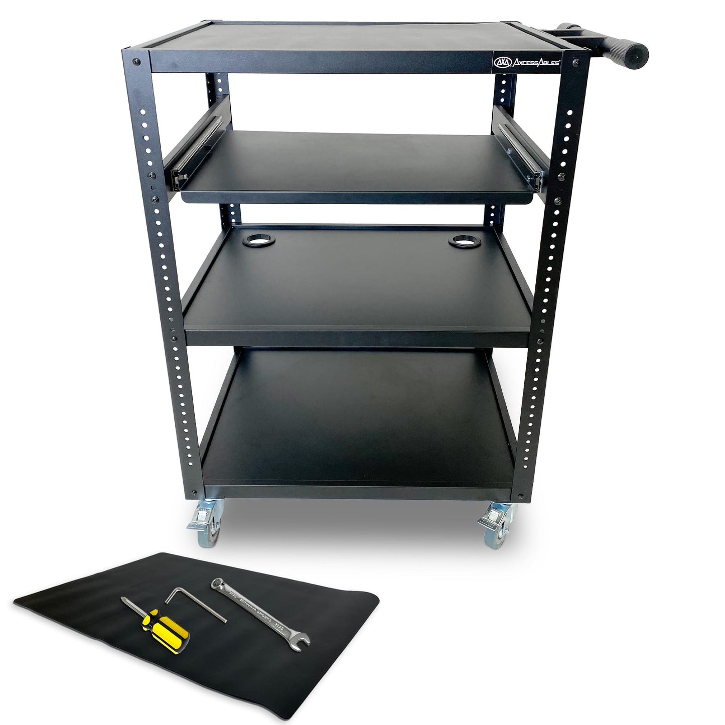 AxcessAbles Computer Cart on Wheels 400LB Capacity, Metal AV Equipment Utility Workstation, with Pullout Keyboard Tray, Locking Caster Wheels.
