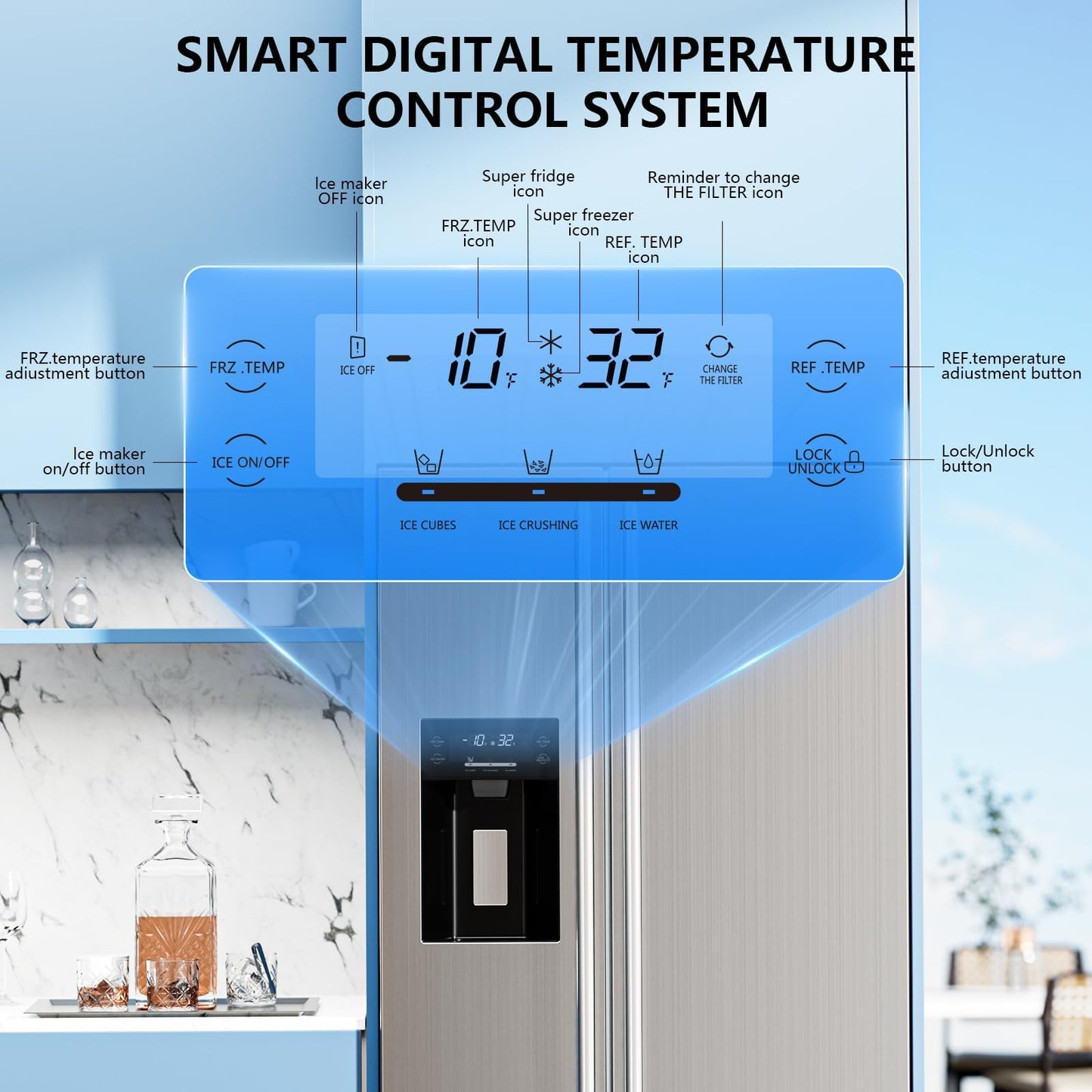Antarctic Star 20 Cu.Ft French Door Refrigerator, Stainless Steel Fridge with Side Freezer & Water Dispenser, Nugget and Cube Ice Maker, Adjustable Thermostat
