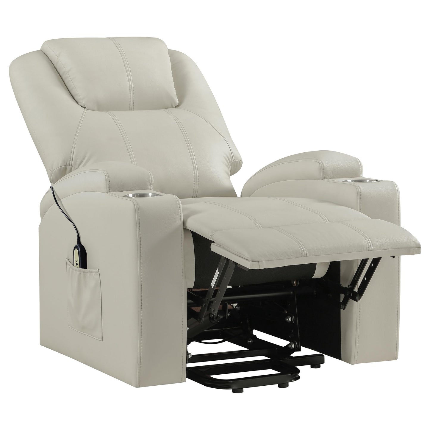 Coaster Home Furnishings - Armstrong - Wood - Power Lift Massage Recliner with Channel Tufting, Wired Remote, Cup Holders and Side Storage Pockets - Living Room - Ivory - 609477P