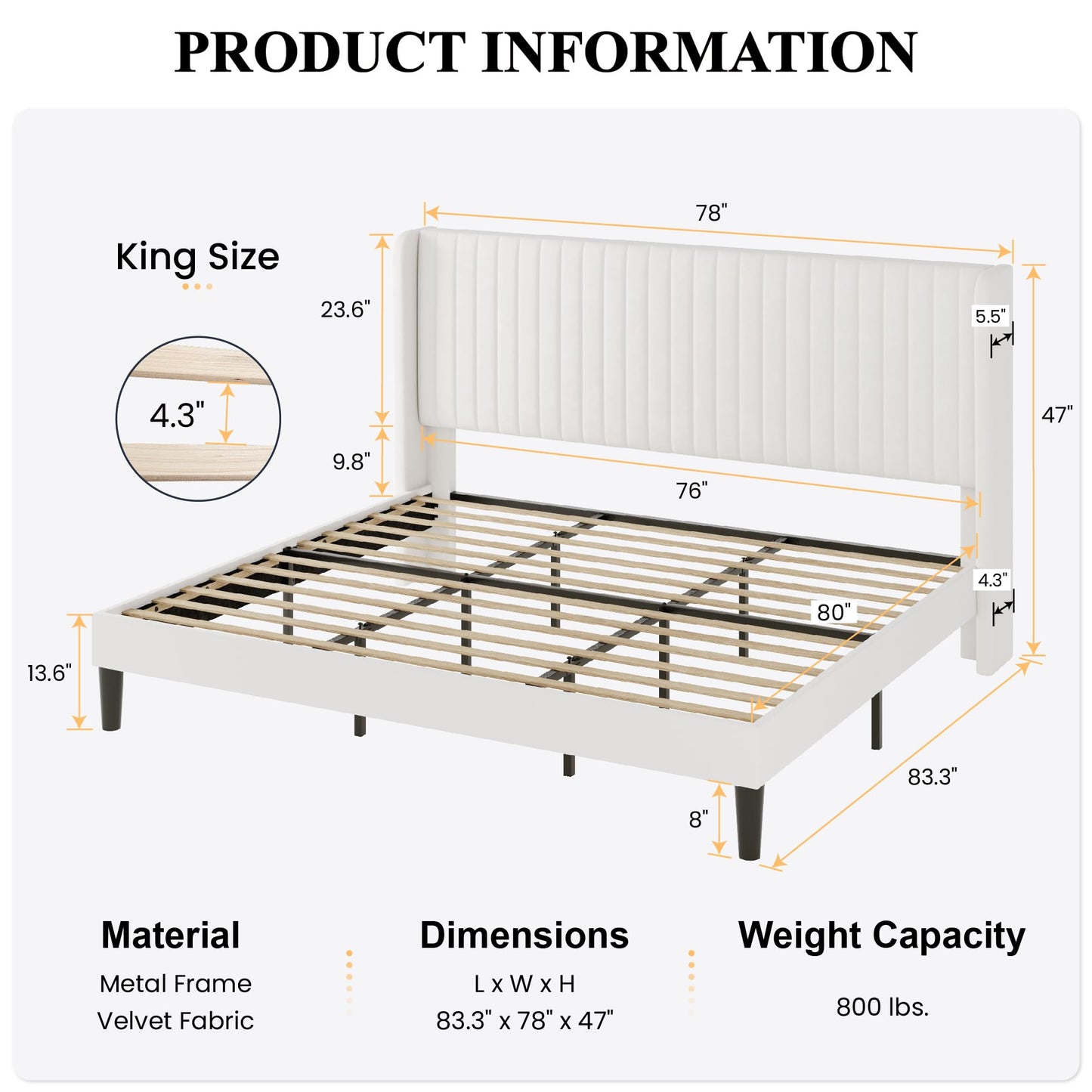 SHA CERLIN King Size Velvet Bed Frame with Vertical Channel Tufted Wingback Headboard, Upholstered Platform Bed with Wood Slats, No Box Spring Needed, Easy Assembly, White