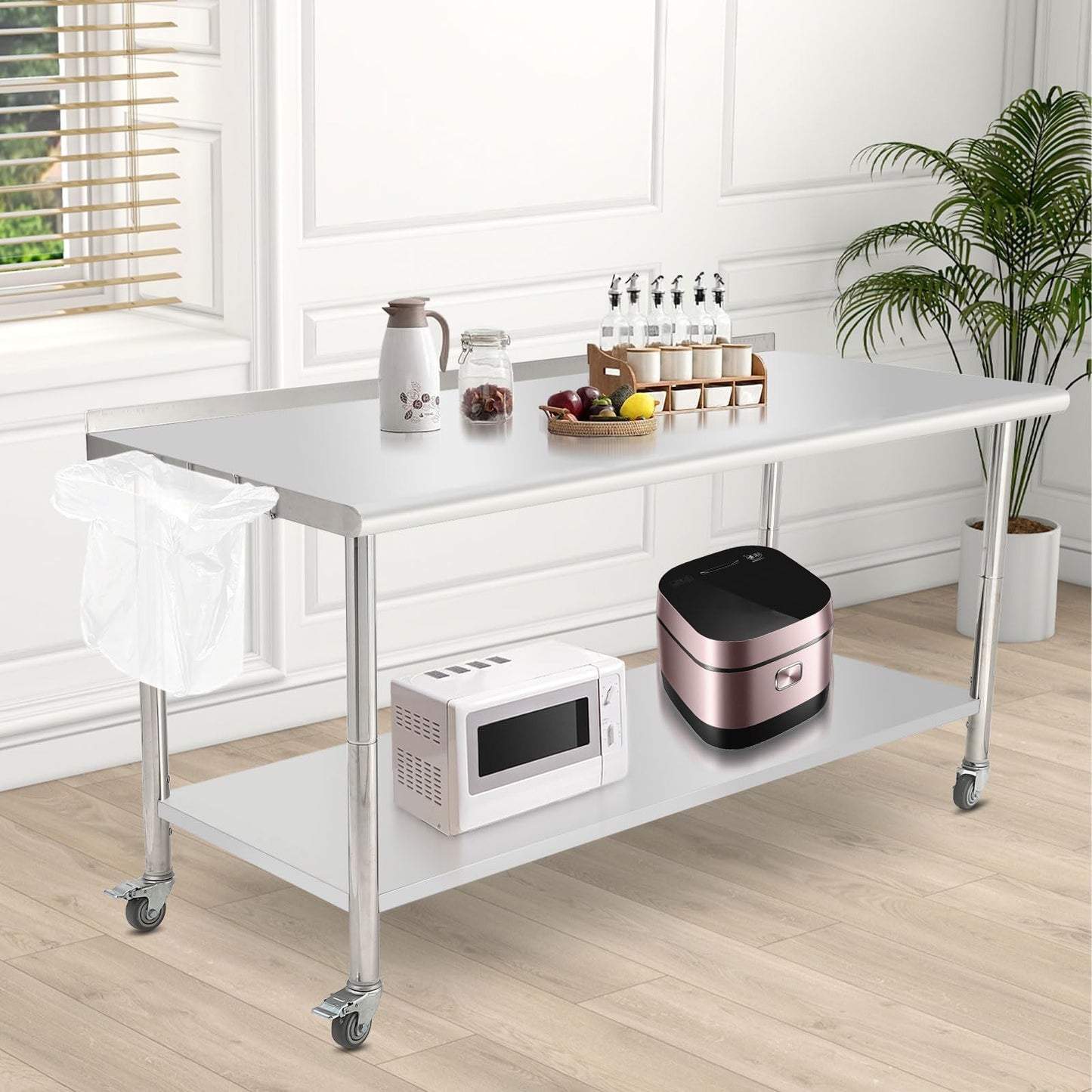 Stainless Steel Commercial Work Table, 72x30x35in - Wheels, Adjustable Undershelf, Backsplash, Removable Trash Rack - Heavy Duty Prep Station for Kitchen, Restaurant, Garage