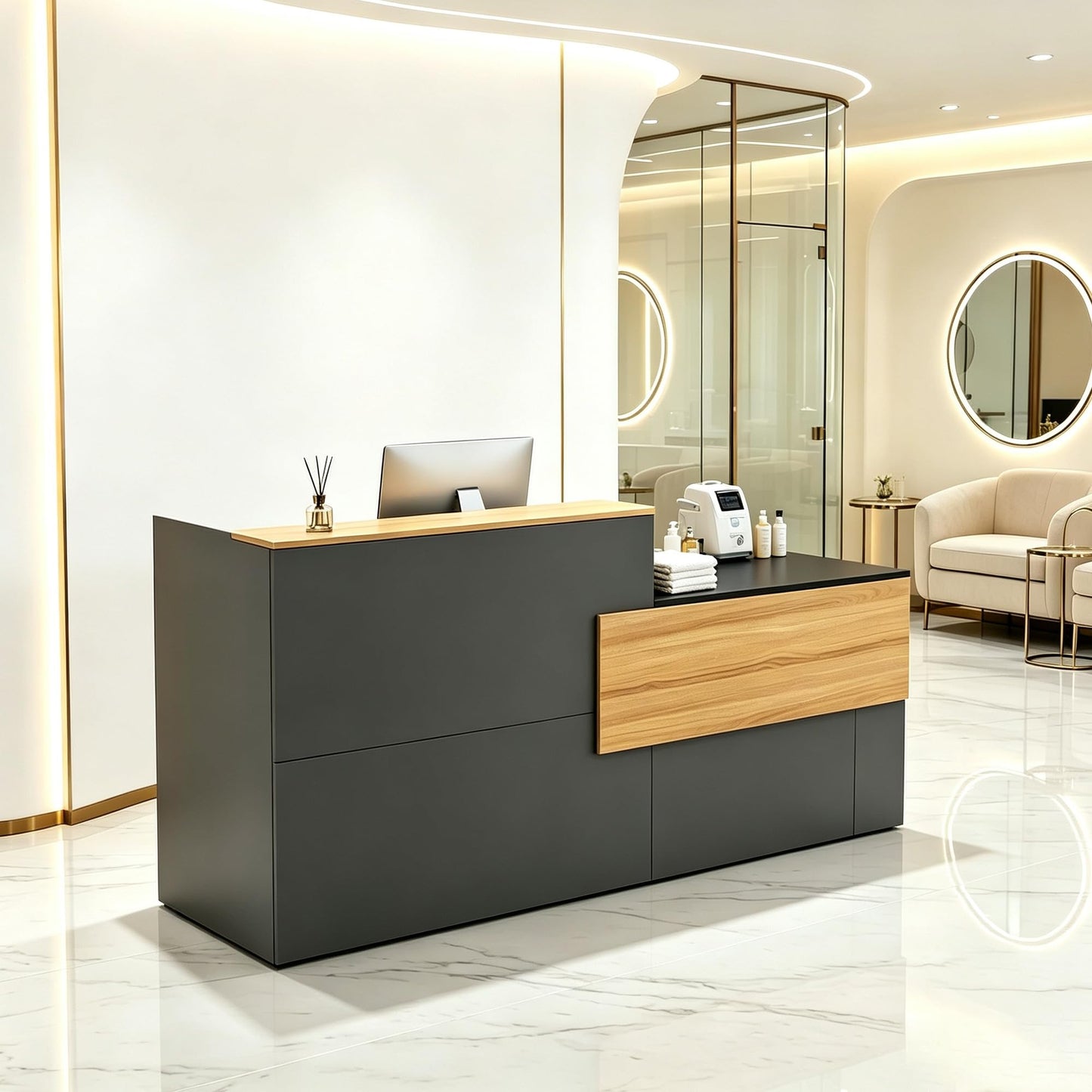 NBEETISM Black L-Shaped Reception Desk – 87 Inch Commercial Front Counter with Storage Rack & Cable Grommet, Heavy Duty Receptionist Desk for Office, Salon, Hotel Lobby