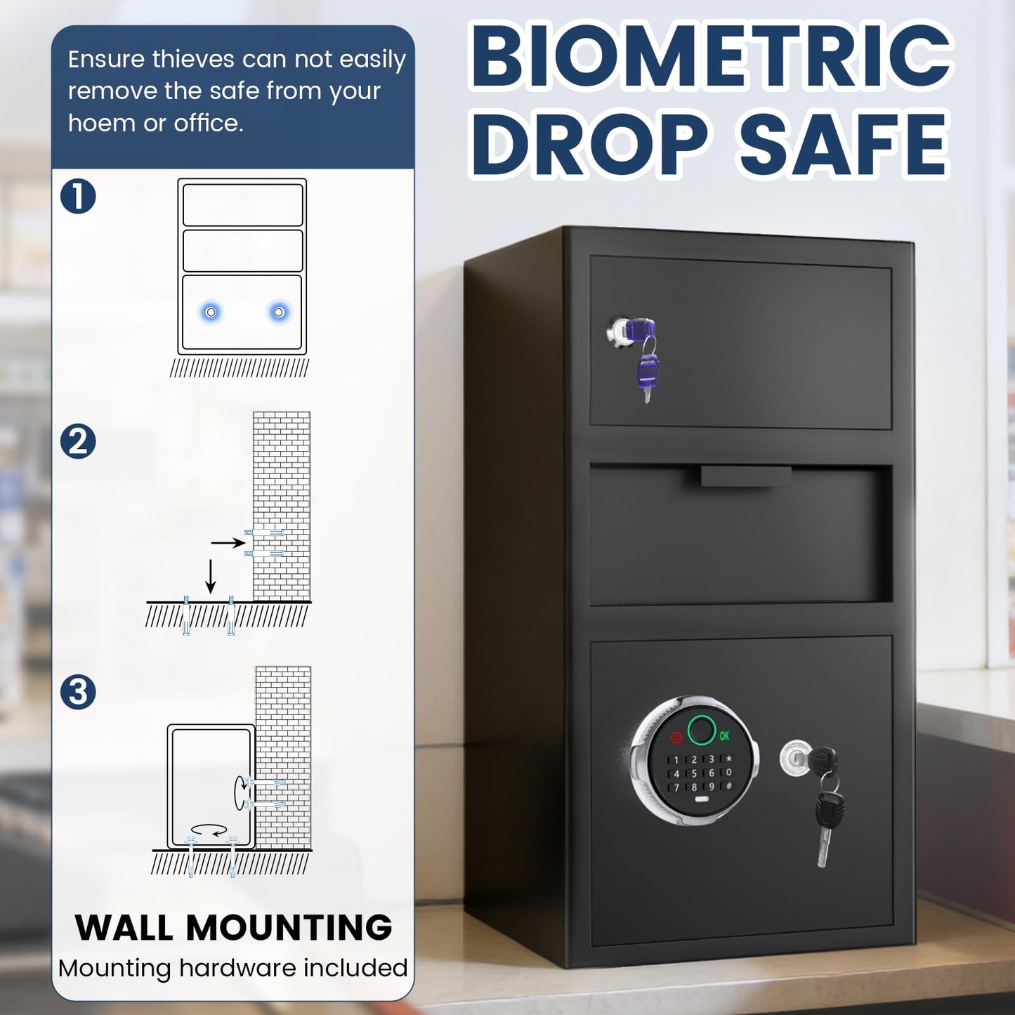 5.8 Cuft Biometric Depository Drop Safe for Business, Heavy Duty Fingerprint Safe Box with Quick Place Drop Slot, Digital Keypad and Spare Key, Drop Safes for Business Retail Mail Church