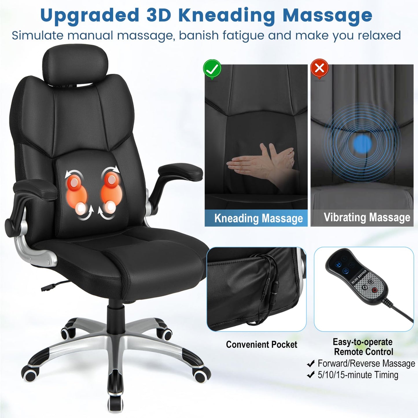 Giantex Executive Office Chair, Kneading Massage Computer Chair with Removable Lumbar Support Pillow, Adjustable Headrest, Faux Leather Rolling Desk Chair with Flip-up Armrests for Home Office, Black