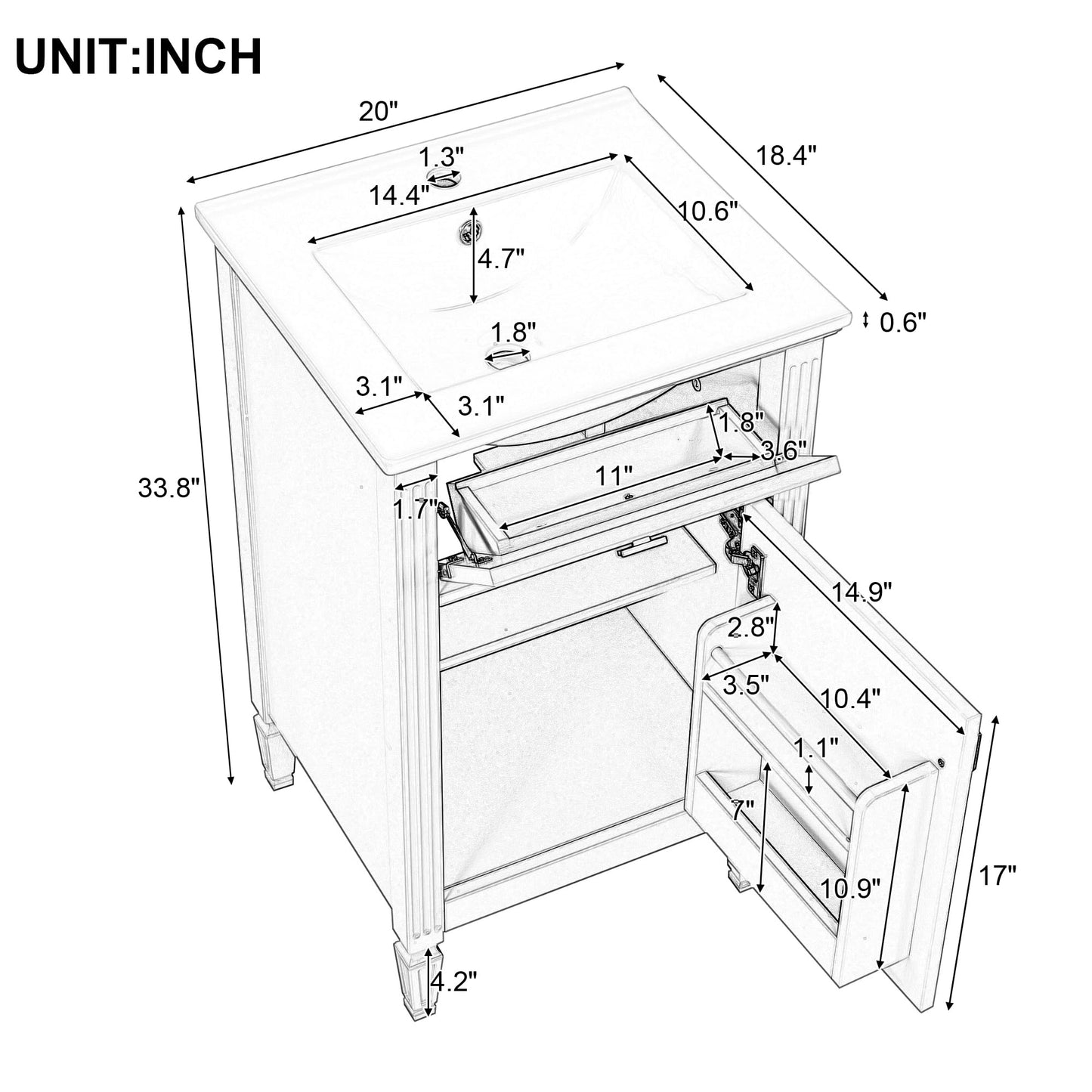 20" Bathroom Vanity with Ceramic Sink Top, Tip-Out Drawer, Door Rack, Adjustable Shelf, Solid Wood Legs, Soft-Closing Door, Green