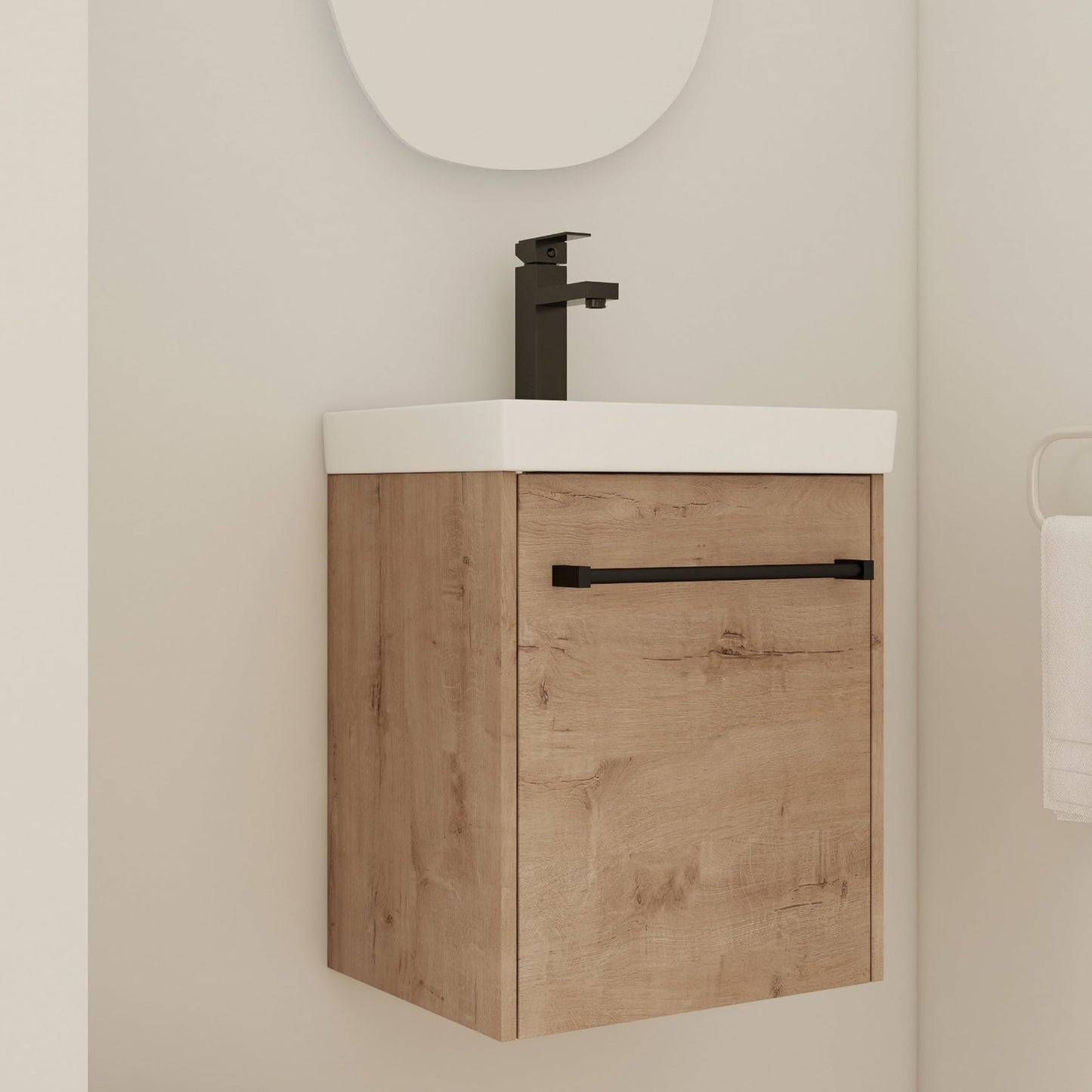 Noble House Home Furnishings Glemab 17.31" Floating Wall-Mounted Bathroom Vanity, Bathroom Vanity with Ceramic Sink, Soft-Close Cabinet Door, Wall-Mounted Storage Cabinet with Ceramic Sink, Oak