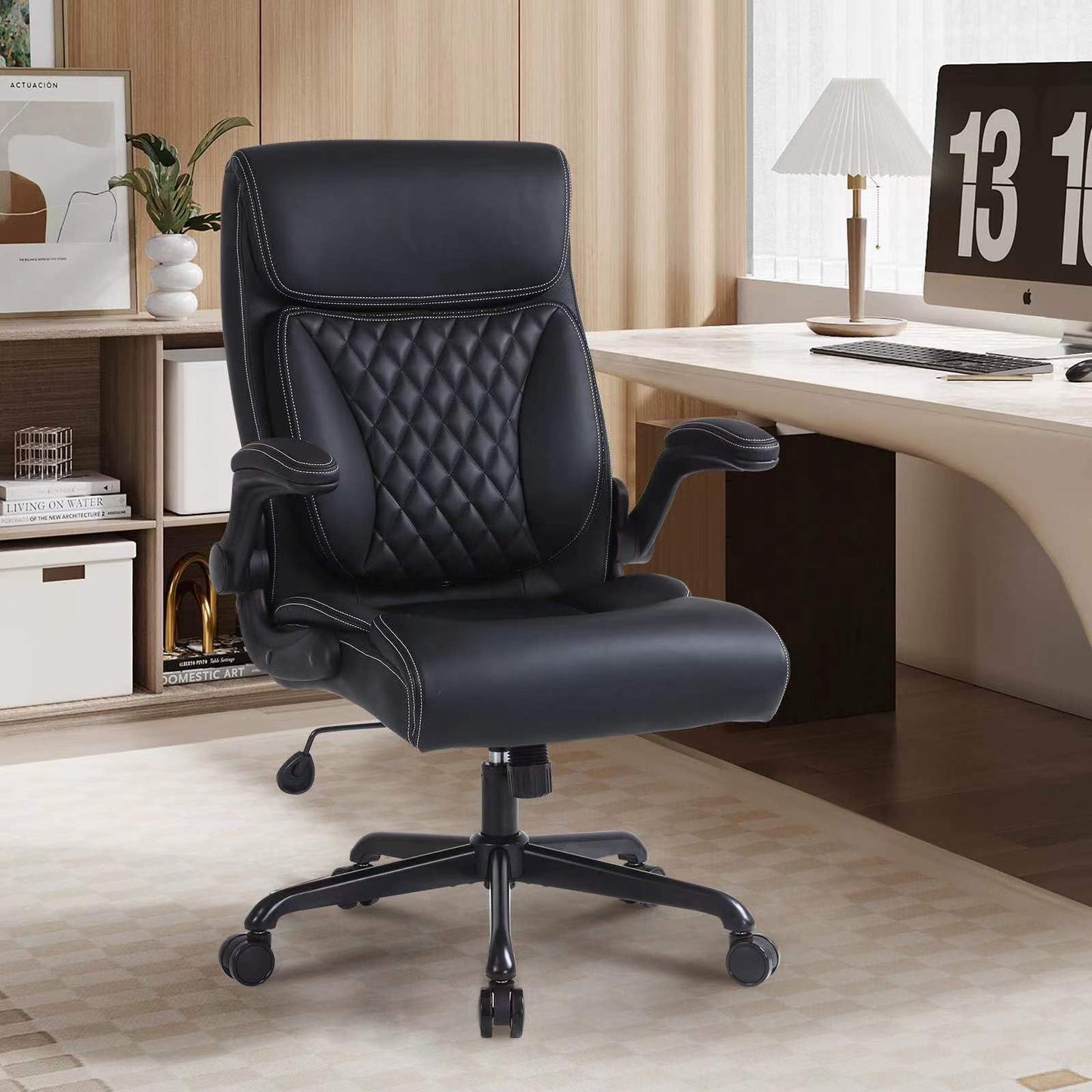 Youhauchair Executive Office Chair, Ergonomic PU Leather Computer Desk Chair with Lumbar Support, Flip-up Armrests and Adjustable Height, for Home Office, Black