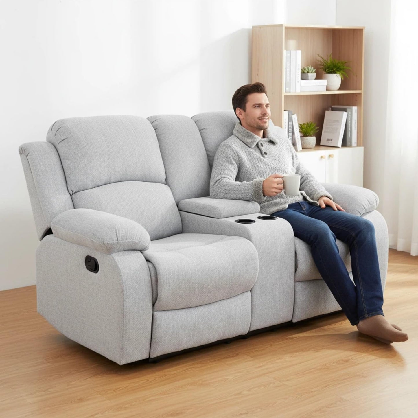 Trygoal Manual Recliner Sofa Set, Linen Reclining Living Room Furniture Set, Adjustable Backrest Reclining Loveseat Sofa and a 3 Seater Couch Furniture Set for Living Room, Home Theater, White Grey