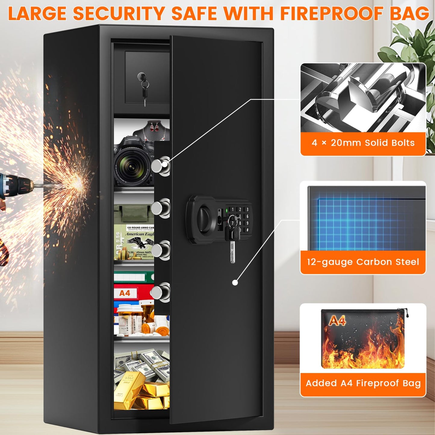 31.5"H Large Safe Box for Home & Office, 8.0 Cu Ft Heavy Duty Carbon Steel Home Safe with Electronic Combination Lock, Fire Resistant Waterproof Document Bag, Wall & Floor Mount for Valuables