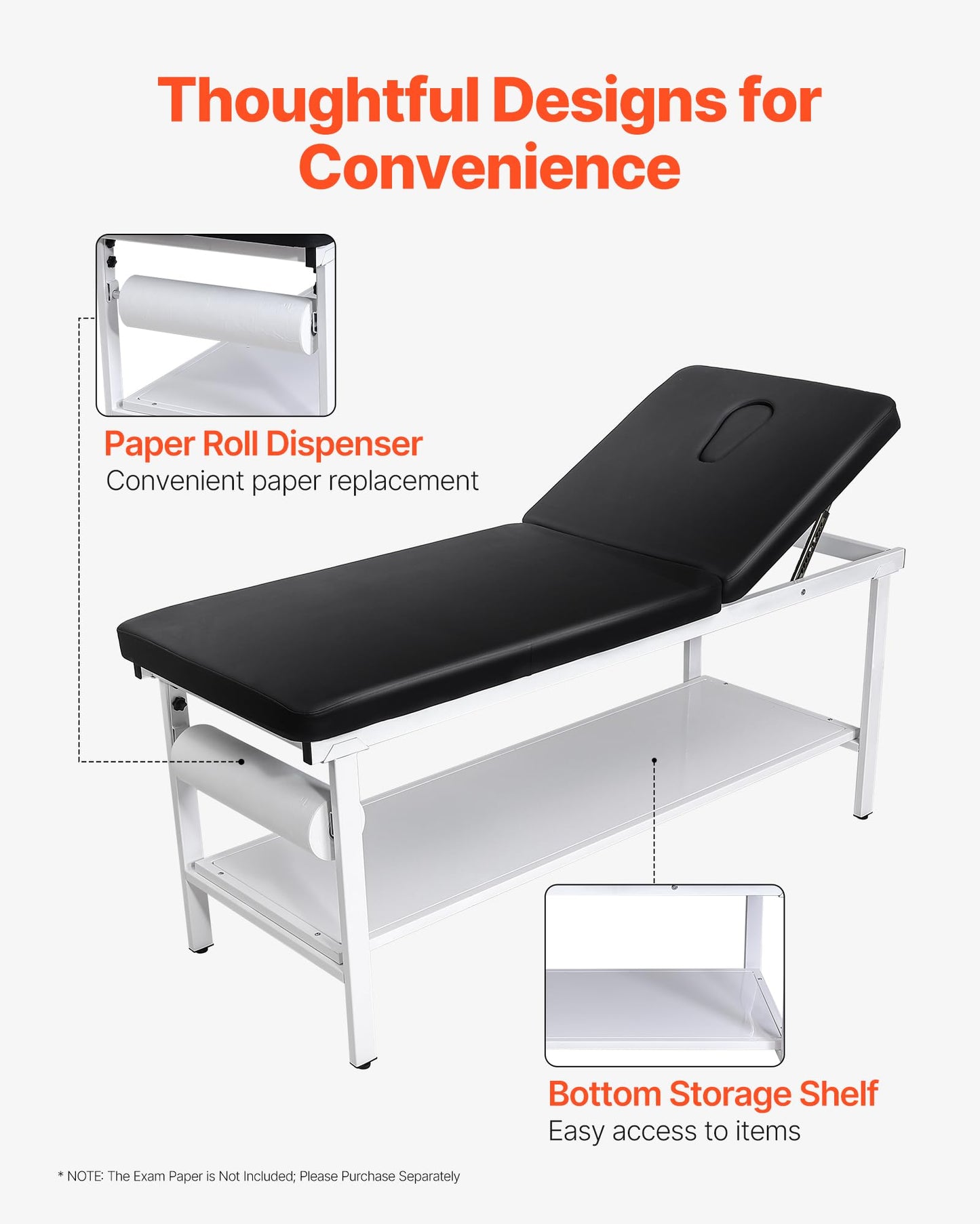 VEVOR Medical Exam Table, 500LBS Loading Medical Examination Bed with 0°–40° Adjustable Backrest, Physical Therapy Exam Table with Storage Shelf & Paper Roll Dispenser for Hospital Clinic Rehab Center