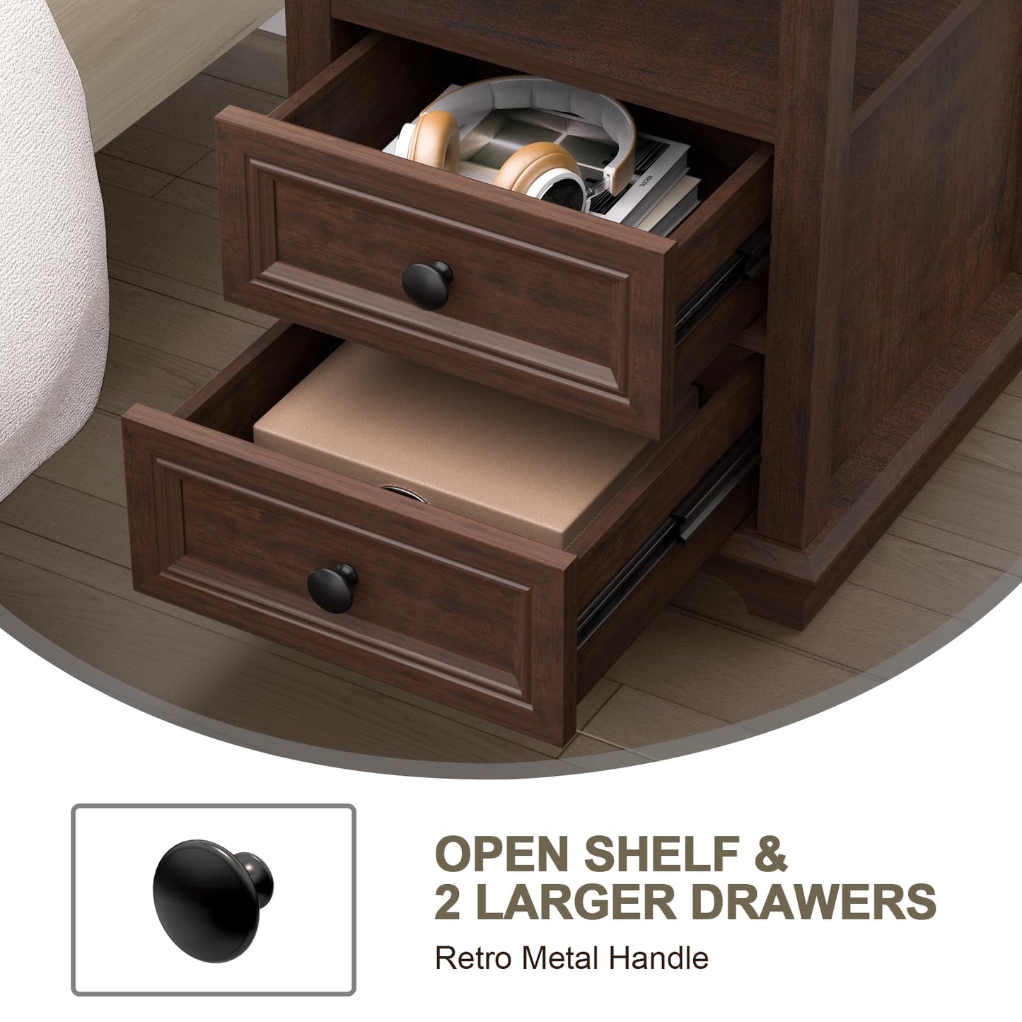 REDAYFUR 24" Tall End Table with Charging Station, Double 18W Fast Charge, Large 18" Bedside Table with Drawers, Rustic Wood Storage Cabinet with Open Shelf for Bedroom, Cherry