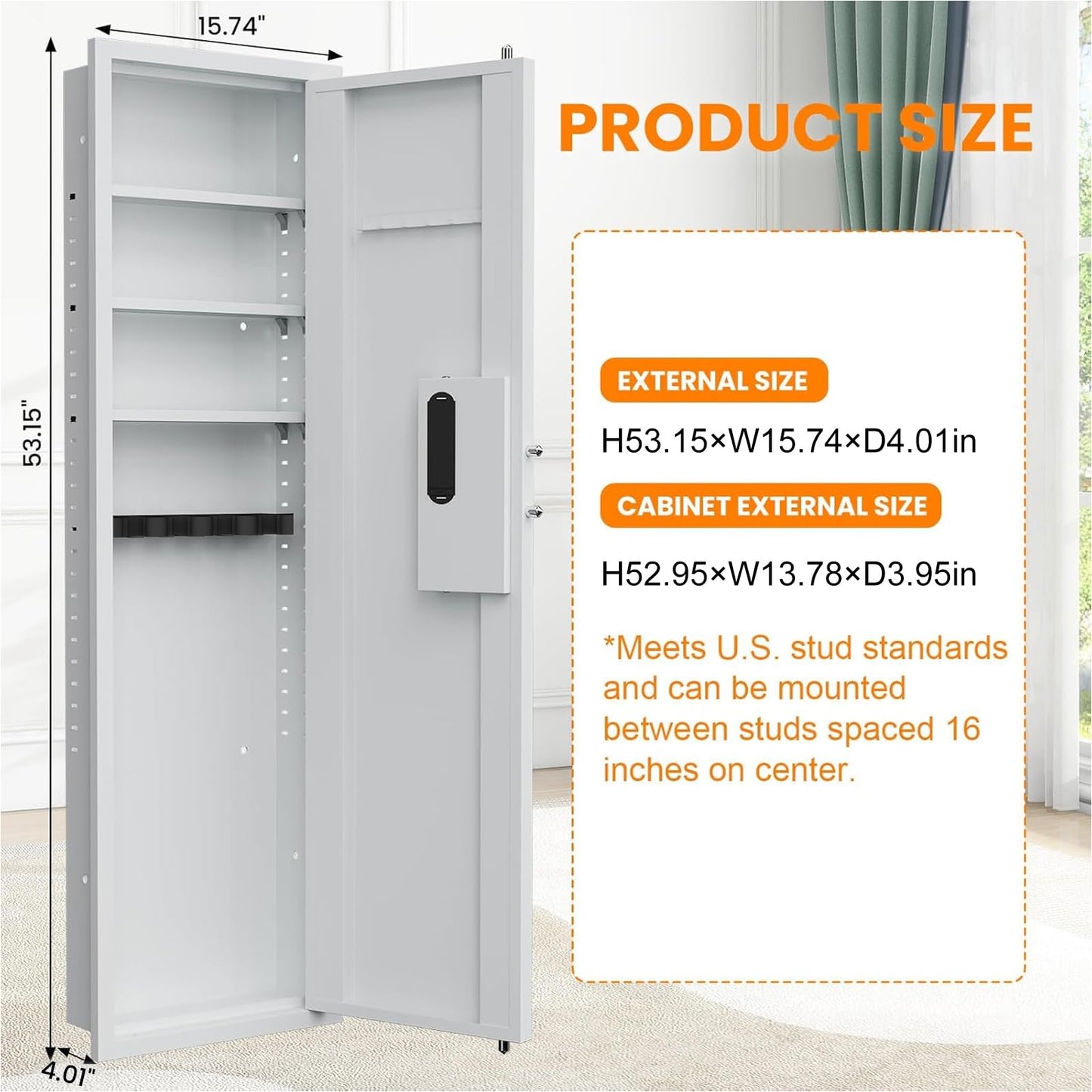 Omethey 53.15" Wall Safe Between the Studs, Hidden Safe with Dual Alarm System and Silent Mode, Wall Gun Safe with 3 Adjustable Shelves and Magnetic Slot (White-Digital)