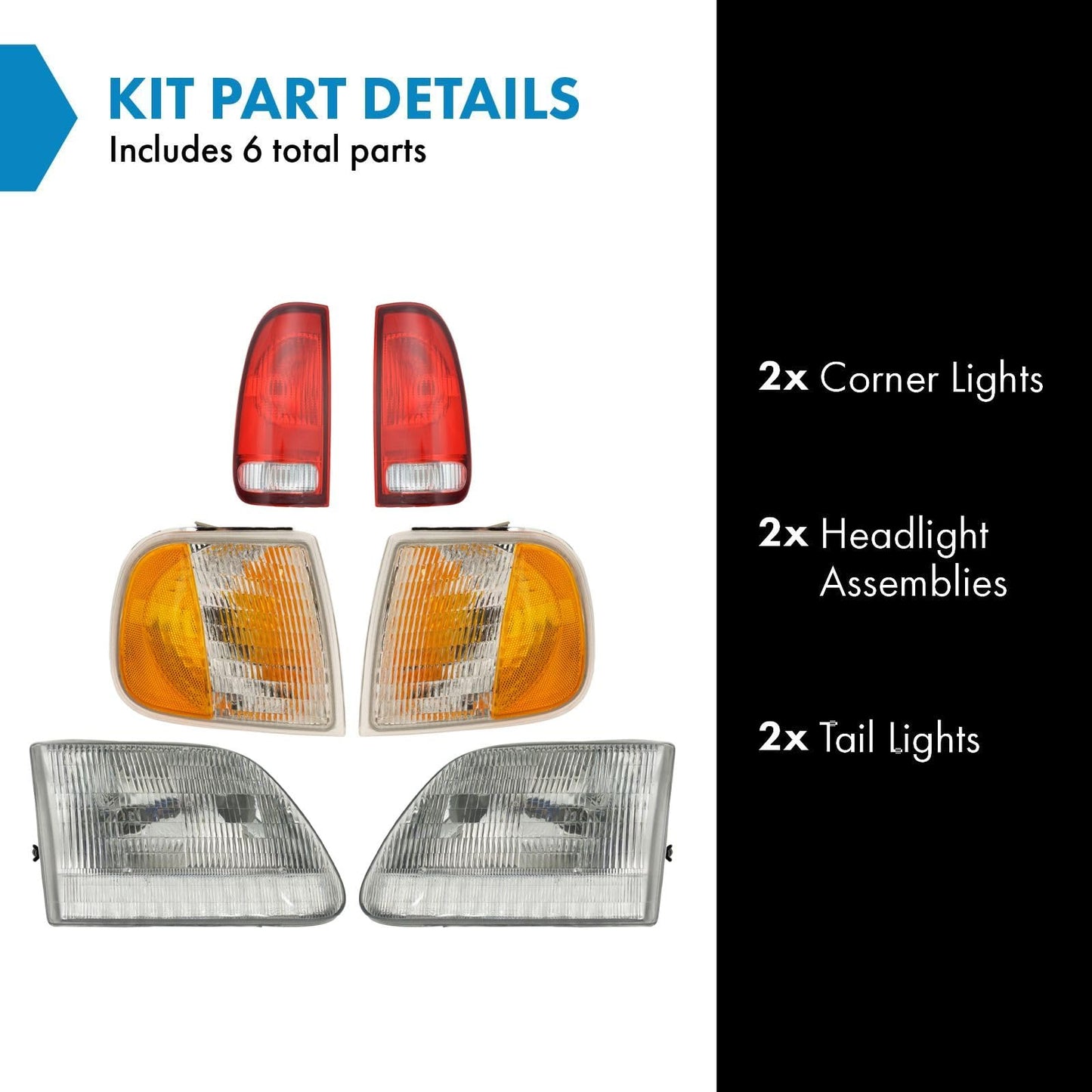 TRQ 6 Piece Headlight & Tail Light Assembly Set for 1997-2003 Ford F150, Clear, Model LKA55995