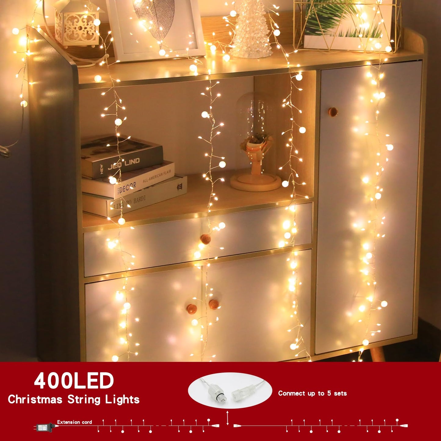 SNWLL Copper Wire Fairy Lights, 400 LED Twinkle Cluster, 26FT Warm White, Plug-in with Remote for Christmas Tree & Decorations