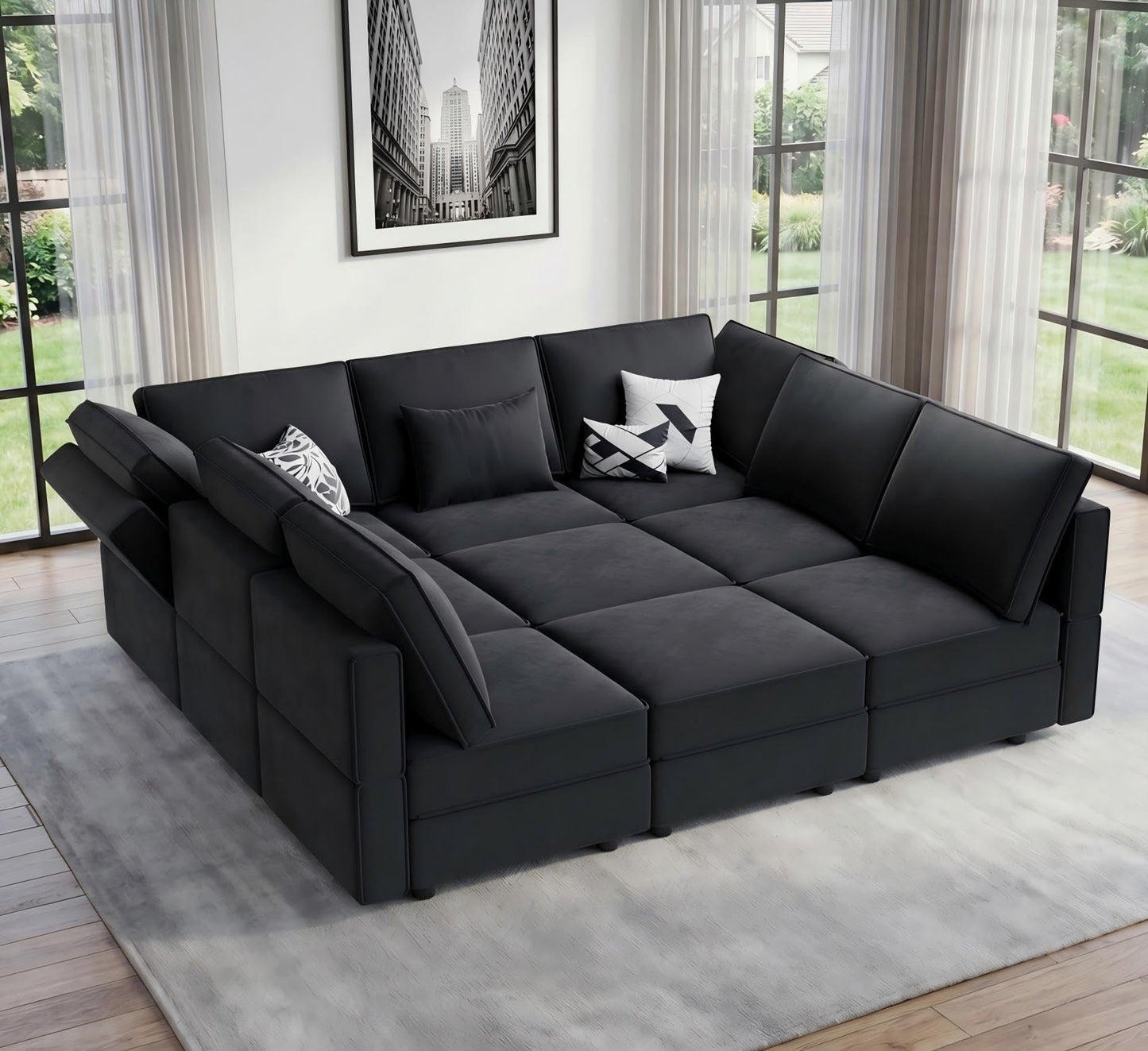 Vesgantti Modular Sofa Bed with Storage, 92" Sleeper Sofas with 9 Seats Storage Chaises Removable Cover, Luxury Large Velvet Sectional Couch Set for Living Room, Apartment, Home Theater, Black