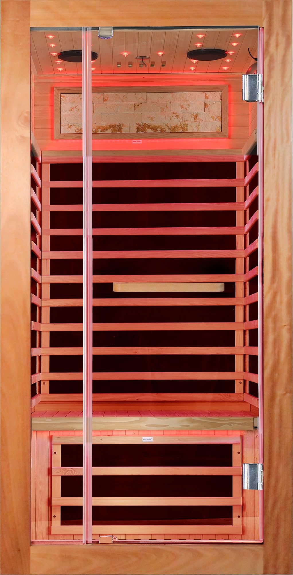 YJSPSSW Single-Person Sauna Room – Compact Infrared Heat Therapy Cabin with 7 Heating Plates, Starry Sky LED & Oguman Wood Design (900x900x1800mm)