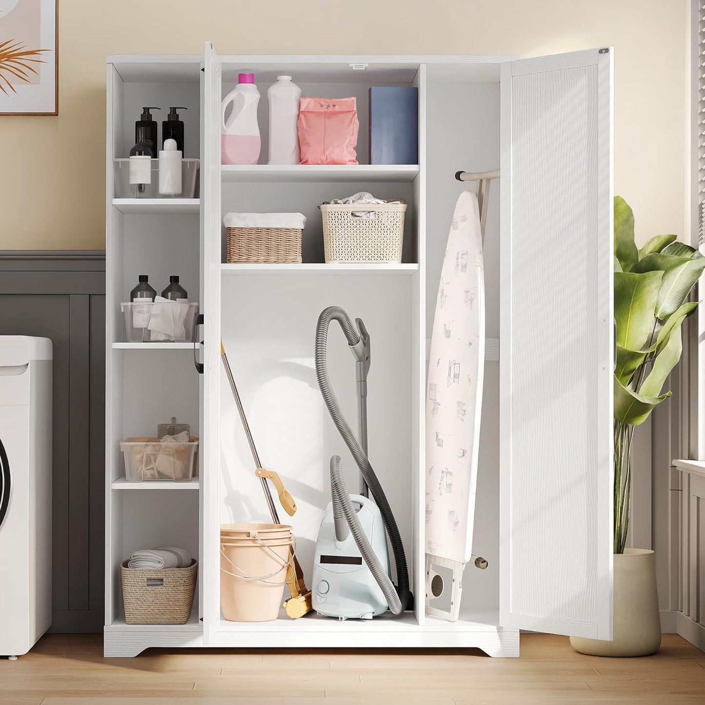 DWVO Broom Closet Storage Cabinet, Wooden Organizer for Ironing Board and Bucket Vacuum Cleaners, Double-Door Cleaning Cabinet for Laundry Rooms and Utility Spaces