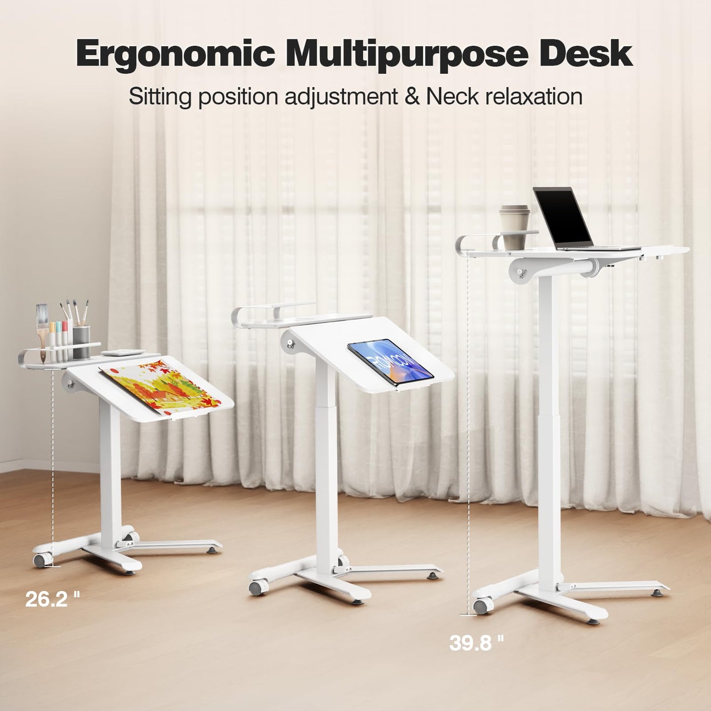 ROMOON Rolling Standing Desk with Wheels, Portable 24 inch Sit-Stand Laptop Cart with Tilt Top and Storage, Mobile Compact Workstation for Home Office and Small Spaces (White)
