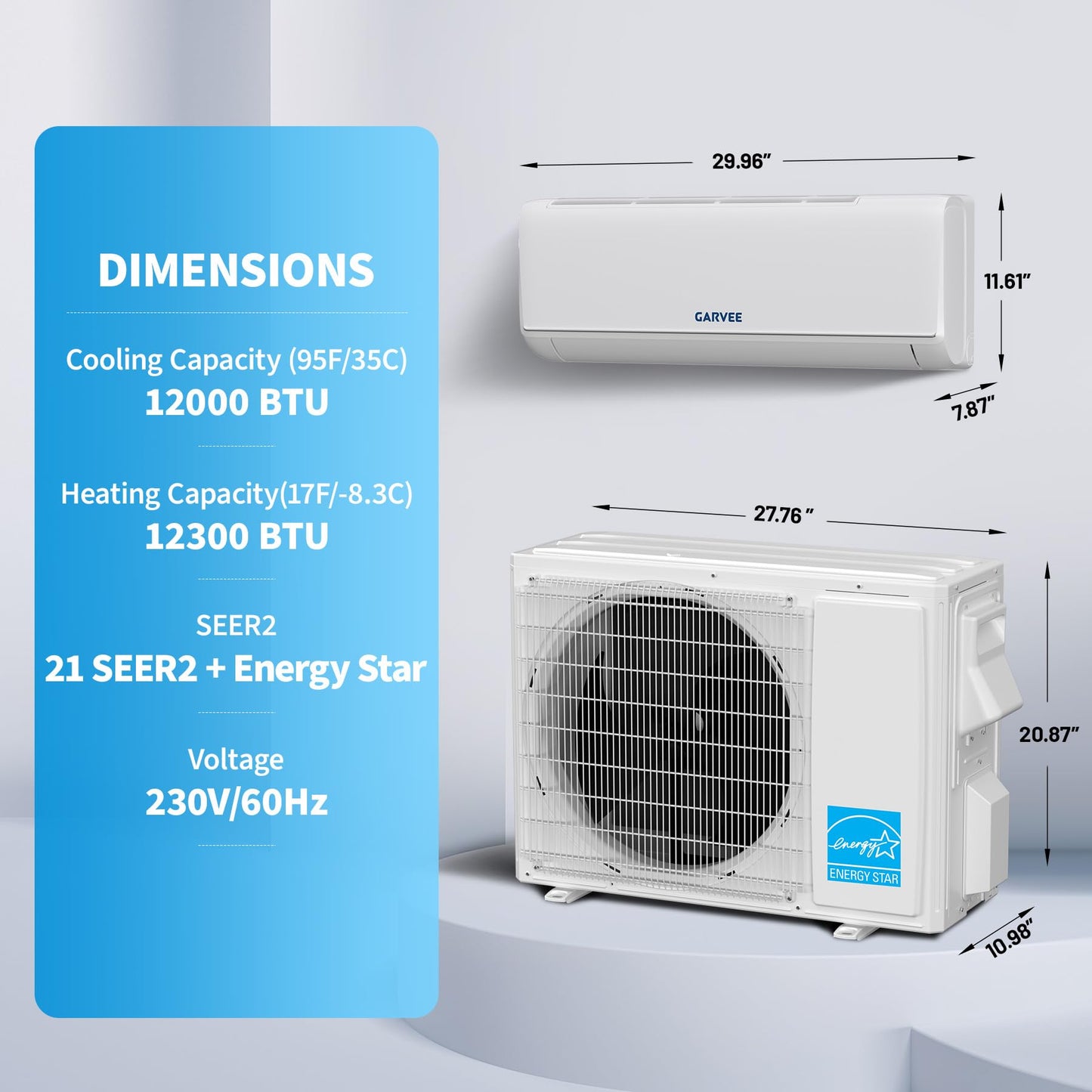 Garvee 12000 BTU 21 SEER2 Mini Split AC & Heat Pump, Air Coditioner with Energy-Star and Buit in WiFi, APP Control Compatible with Alexa, 208-230V, Cools Heat Room Up to 750 Sq.ft