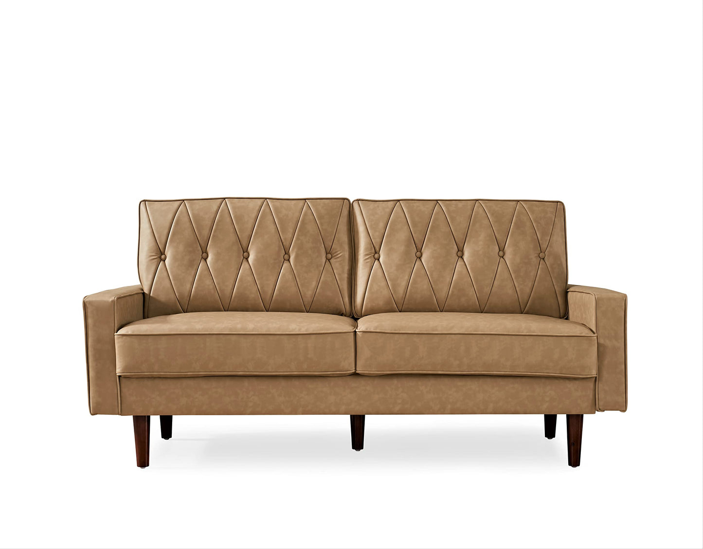 Container Furniture Modern Style Faux Leather Sofa with Elegant Round Tapered Legs and Button Tufted Backrest Perfect for Living Room, Bedroom or Home Office, 69.3’’ Wide, Camel
