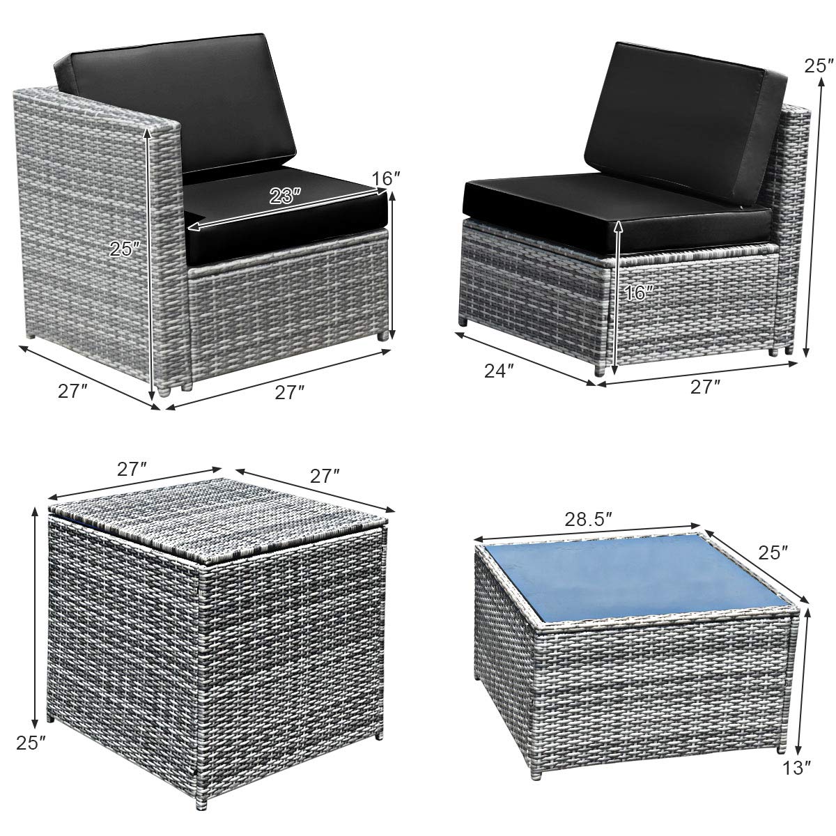 Tangkula 8 Pieces Wicker Patio Furniture Set with Storage Deck Box, PE Rattan Outdoor Sectional Sofa Conversation Set with Coffee Table & Cushions, Outside Furniture for Garden Yard Poolside (Black)