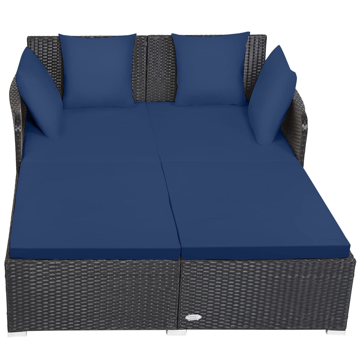 Tangkula Outdoor Rattan Daybed, Sunbed Wicker Furniture w/Spacious Seat, Upholstered Cushion & High-Resilience Sponge, Wicker Patio Sofa Set w/Extra Pillows for Courtyard Poolside (Navy)