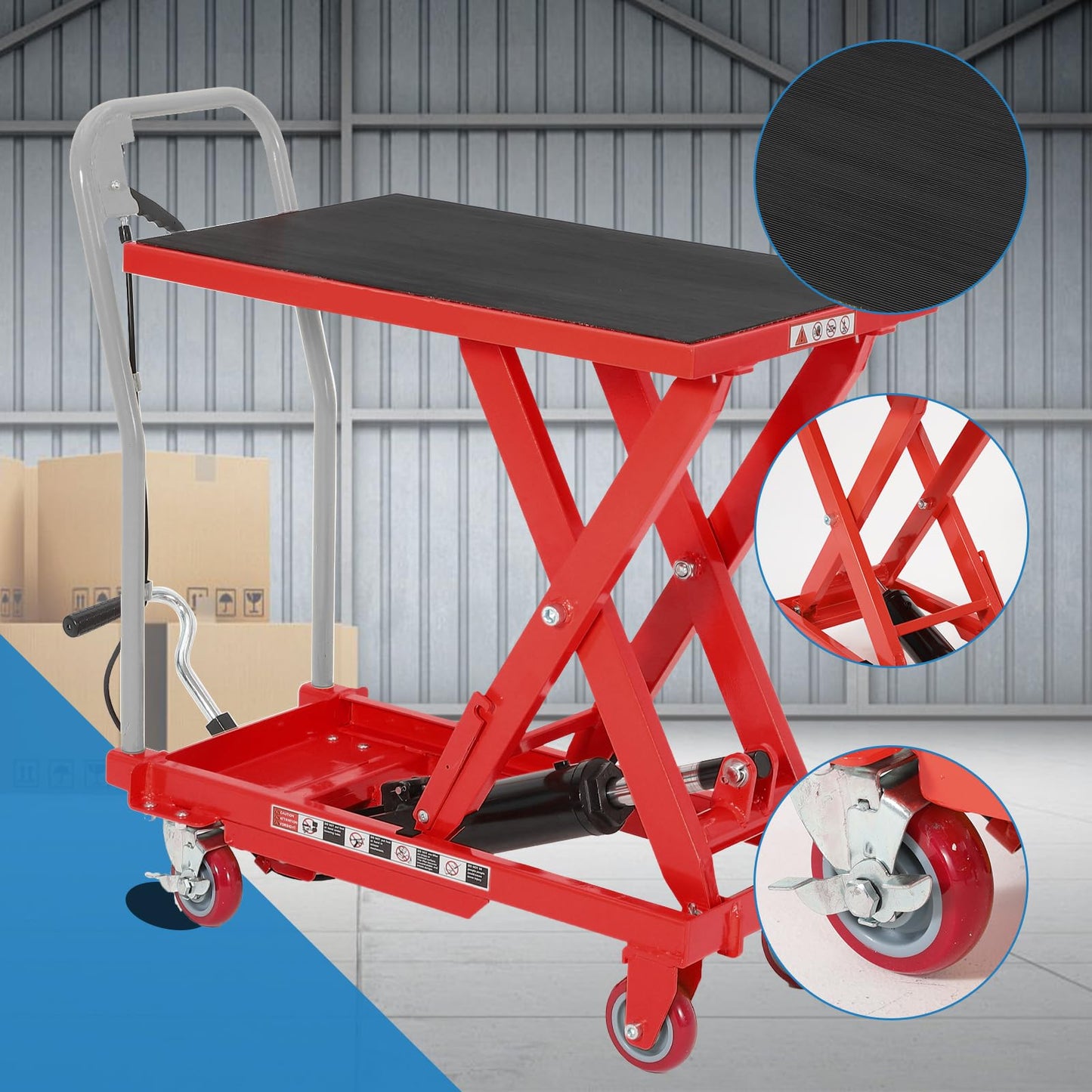 Garvee Heavy Duty Hydraulic Lift Table Cart 500LB Capacity, Single Scissor Lift Table with 28.5'' Lifting Height, Non-Slip Platform & Locking Wheels for Garage, Warehouse, Workshop, Red