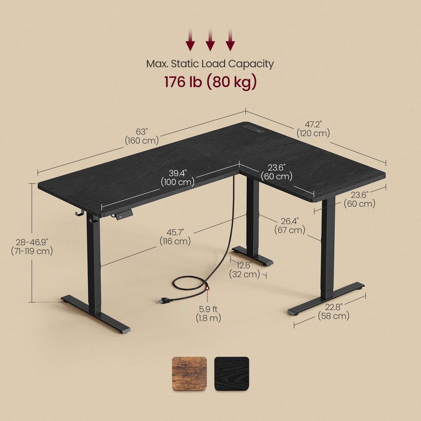 VASAGLE L Shaped Electric Standing Desk, 63 x 47.2 Inches, Height Adjustable Corner Desk with Power Outlets, 2 Memory Buttons, Easy to Assemble, for Home Office, Black ULSD242B01