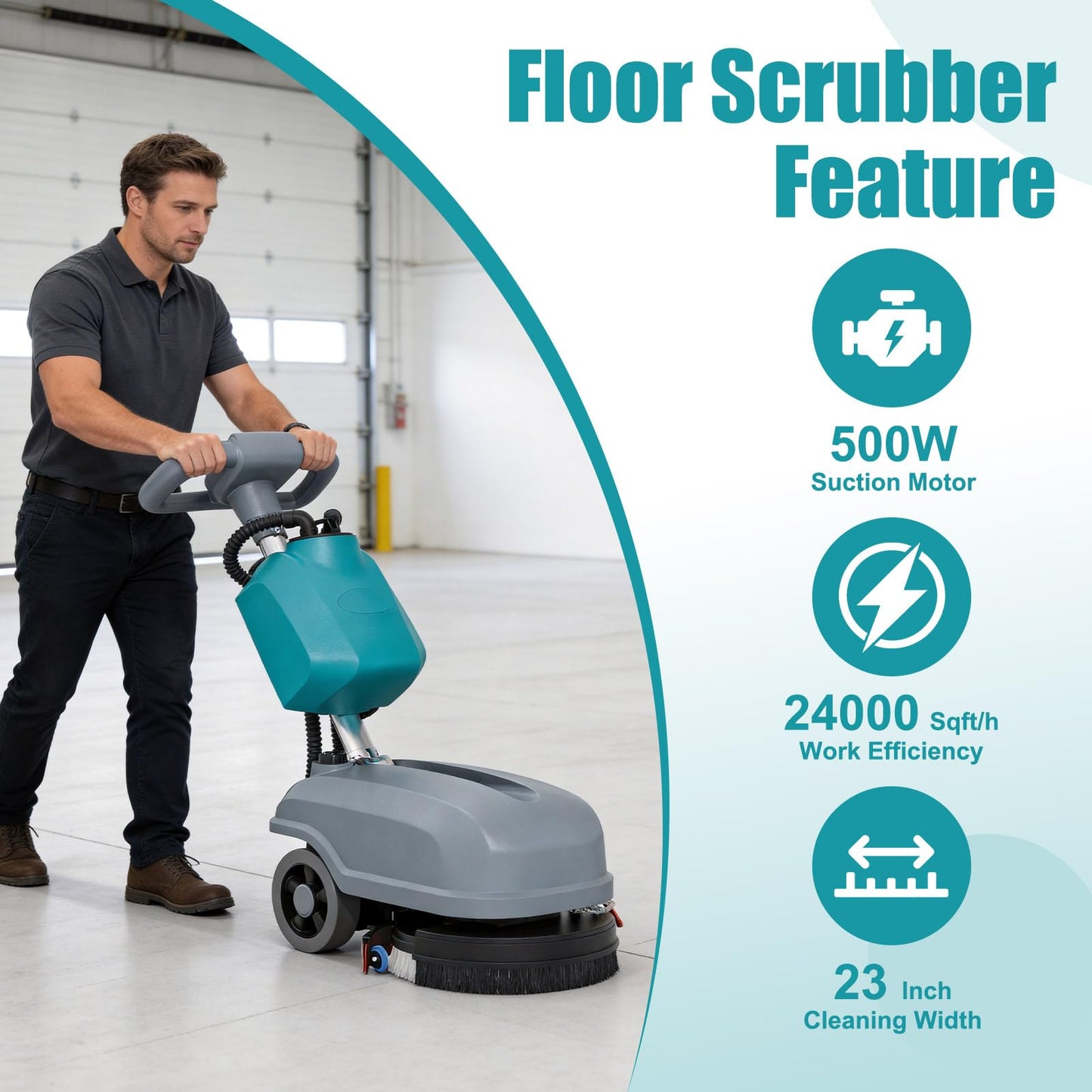 KARHDIR Walk Behind Commercial Floor Scrubber Machine, Battery Powered Cordless Compact Scrubber 15" Cleaning and 23" Suction Width, 6 Gal Sewage and 5 Gal Water Tank, 24000 Sq Ft/h