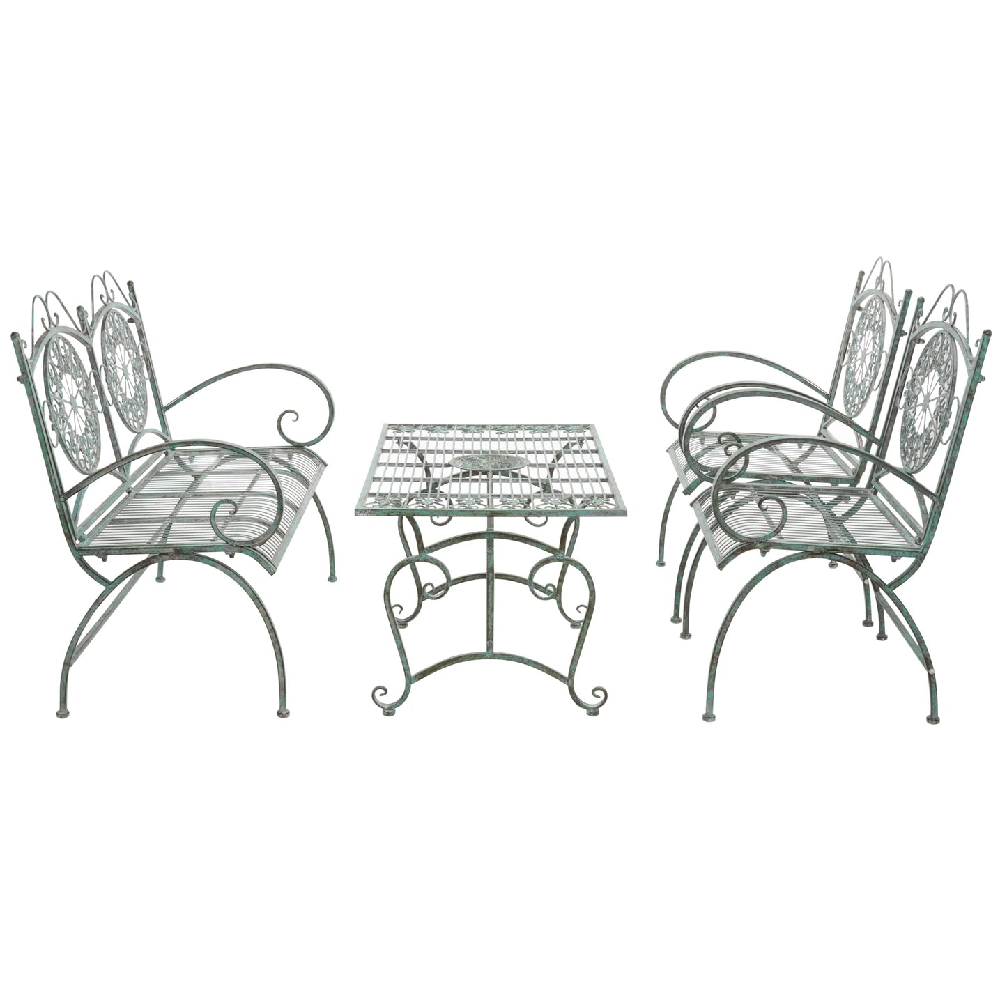SAFAVIEH Outdoor Collection Sophie Victorian Scroll Antique Dark Green Wrought Iron 4-Piece Patio Set