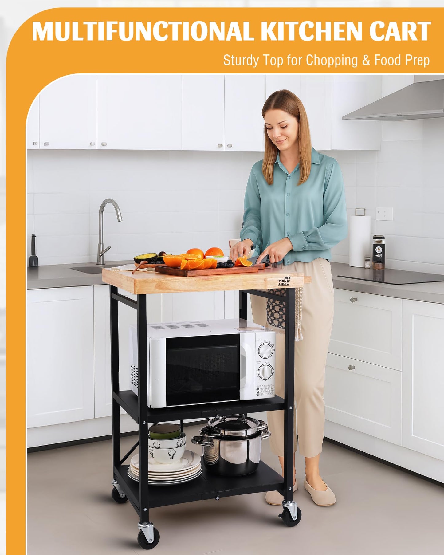 Mythinglogic Foldable Kitchen Storage Cart, 3-Tier Rolling Cart with Solid Oak Top, Heavy-Duty Metal Utility Rack for Microwave, Pots, Dish Set, Meal Prep Area, Kitchen Island on Lockable Wheels