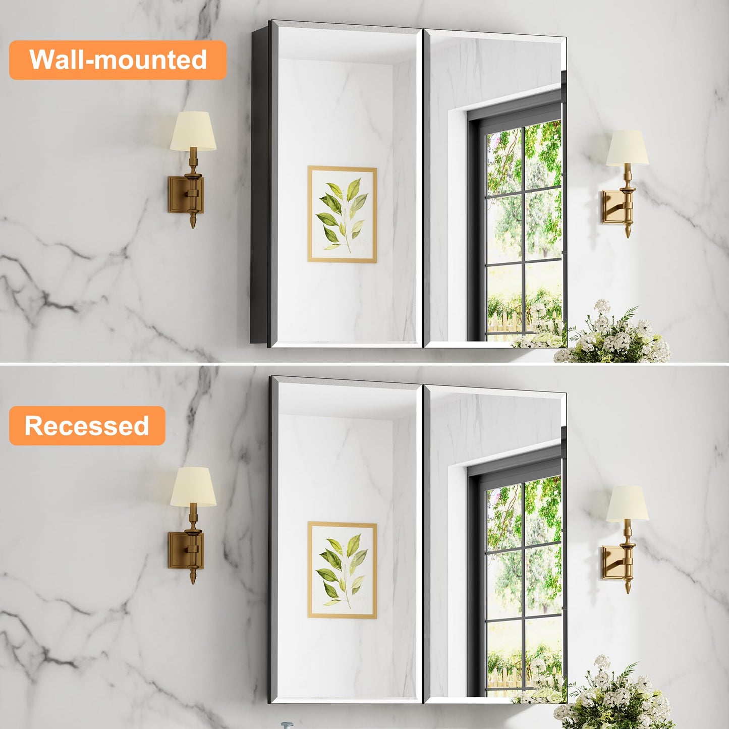 Keazile 30x30 Inch Medicine Cabinet with Mirror, Aluminum Bathroom Mirror Cabinet, Beveled Edge Mirrored Double Door, Adjustable Shelves, Surface or Recessed Mount Mirrors with Storage,Black