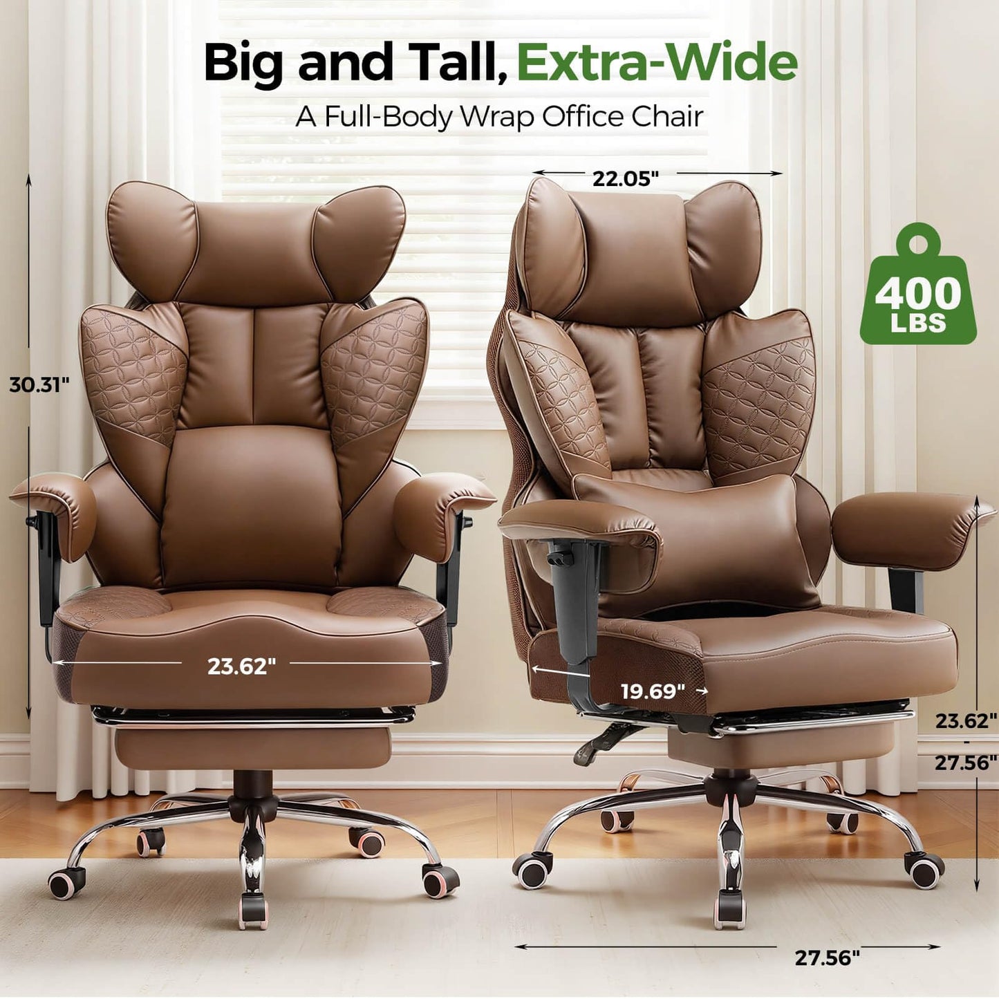 GTPOFFICE Big and Tall Office Chair 400LBS Wide Seat Computer Gaming Chair with Footrest & Comfy Lumbar Support, Leather High Back Executive Chair with Ergonomic Pressure Relief Seat Cushion, Brown