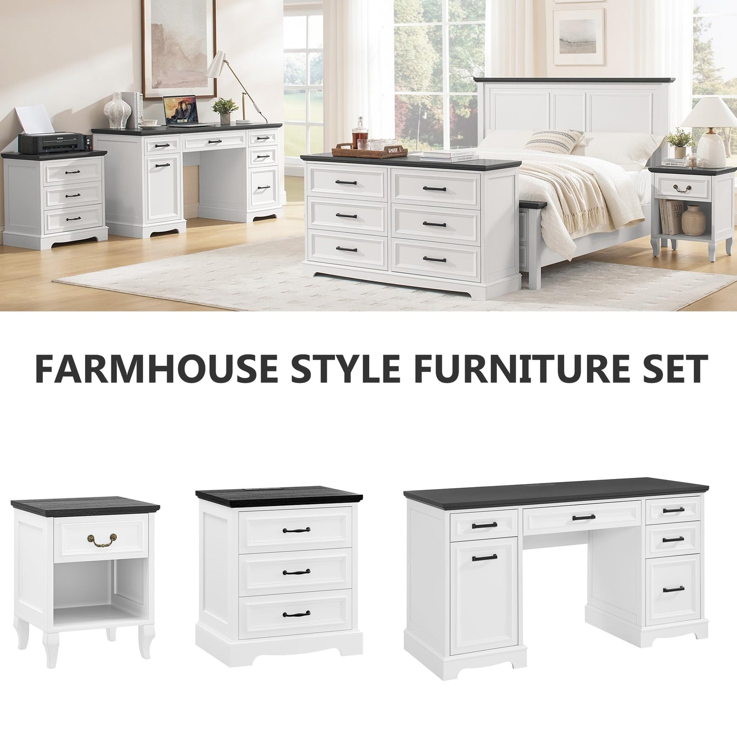 Farmhouse Nightstand Set of 2, Wood Night Stand with 3 Drawers and Charging Station Modern Bedside Table for Bedroom End Side Table Storage Cabinet Small 6 Drawers Dresser (2)