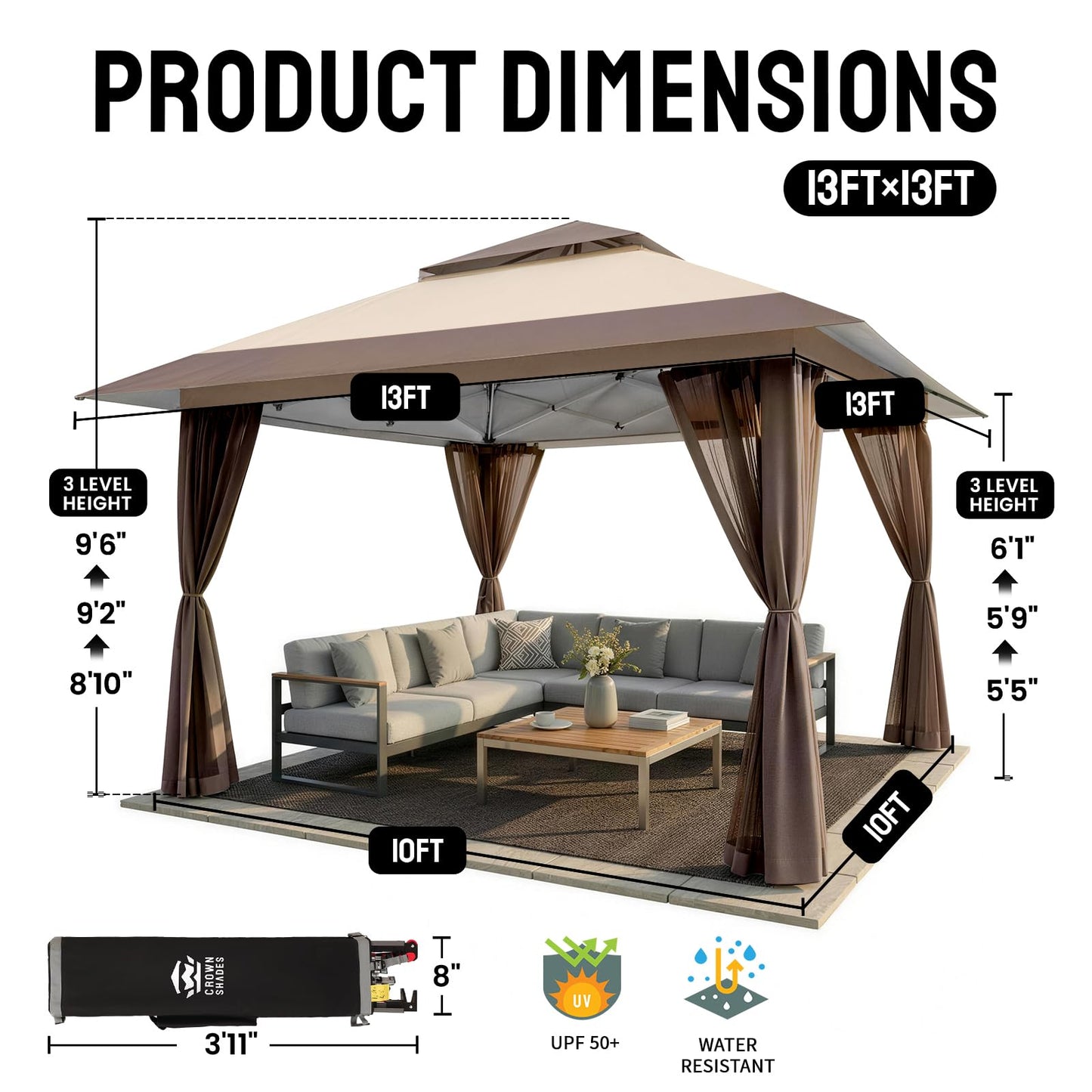 CROWN SHADES 13x13 Pop Up Gazebo, Canopy Tent, Gazebos on Clearance - Outdoor Gazebo for Backyard & Patio Furniture - Carpa Pop Up Tent with Wheeled STO-N-Go Cover Bag (Beige & Coffee)