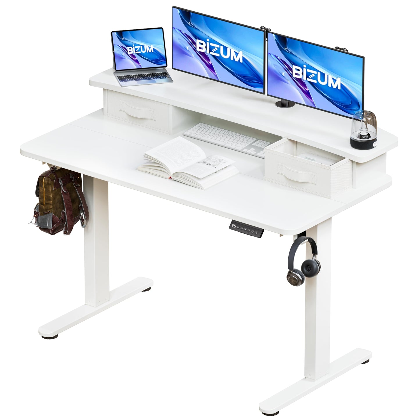BIZUM Standing Desk with 2 Drawers Computer Desk-Stand up Desk Home Office Gaming Memory Desks C-Clamp Mount Compatible, 48x24 Inch White