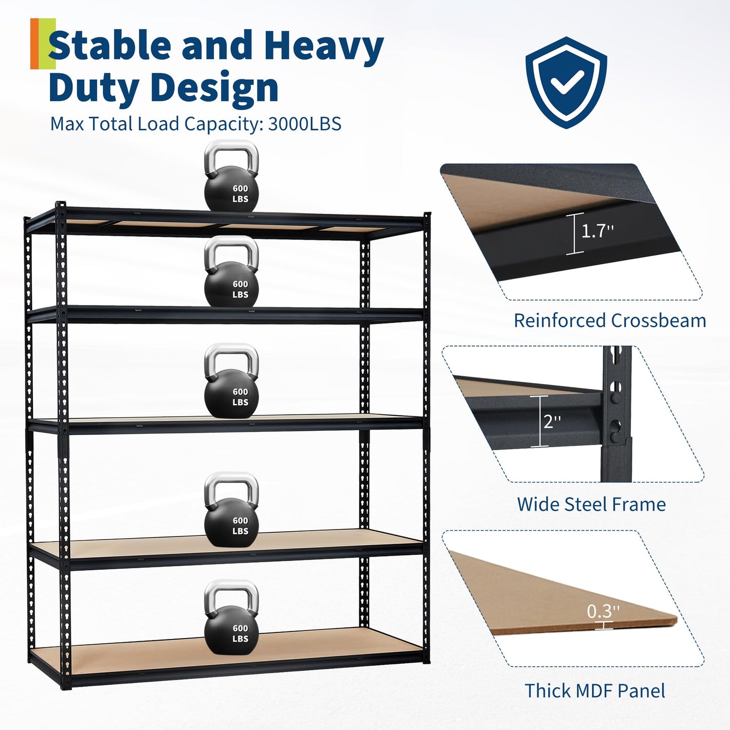 Garage Storage Shelves 5 Tiers, Heavy Duty Storage Shelving Racks with 3000 LBS Capacity, 60 " L x 24 in W x 72 in H Metal Adjustable Shelving Unit for Kitchen Pantry Basement Bathroom Laundry